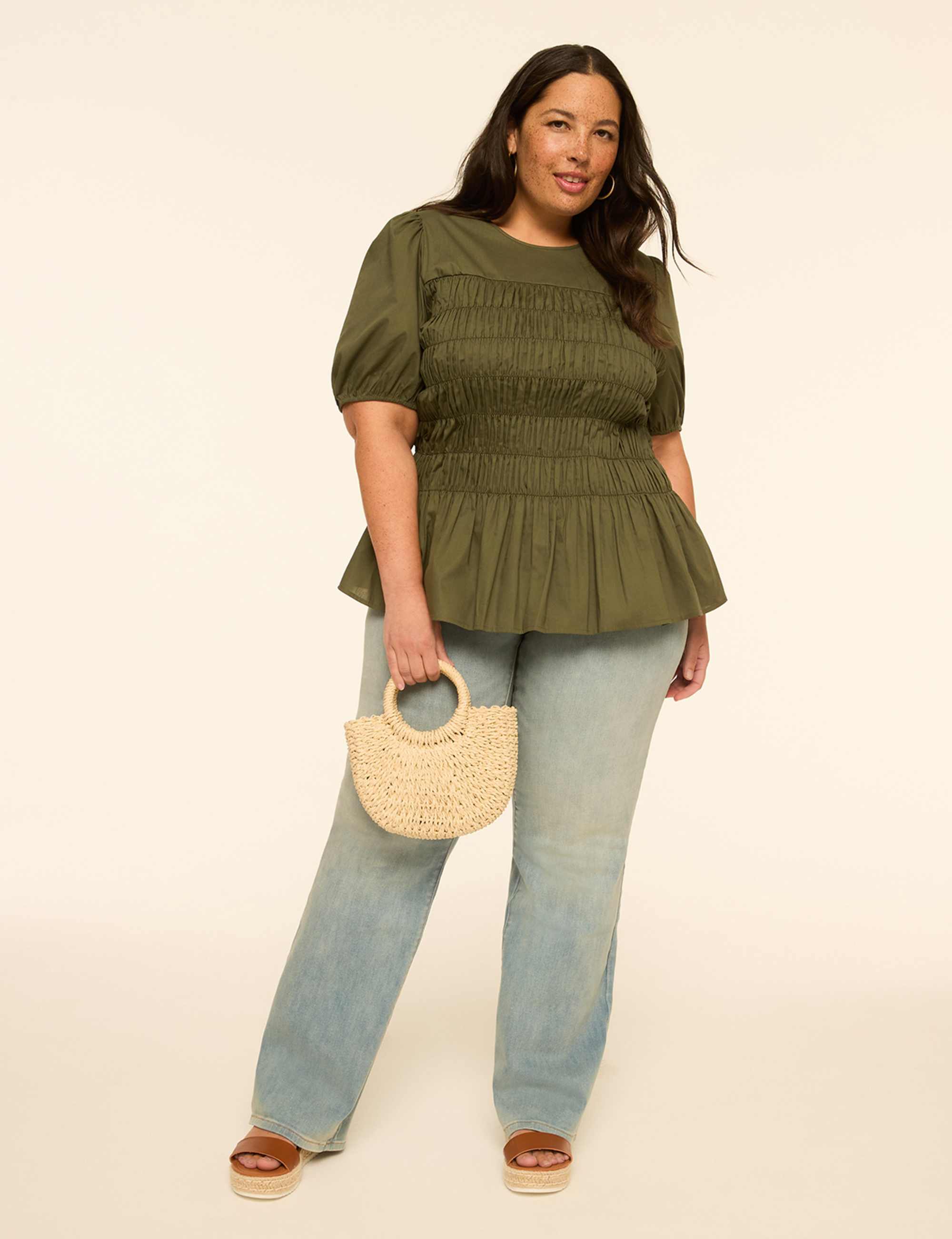 Puff-Sleeve Smocked Peplum Top