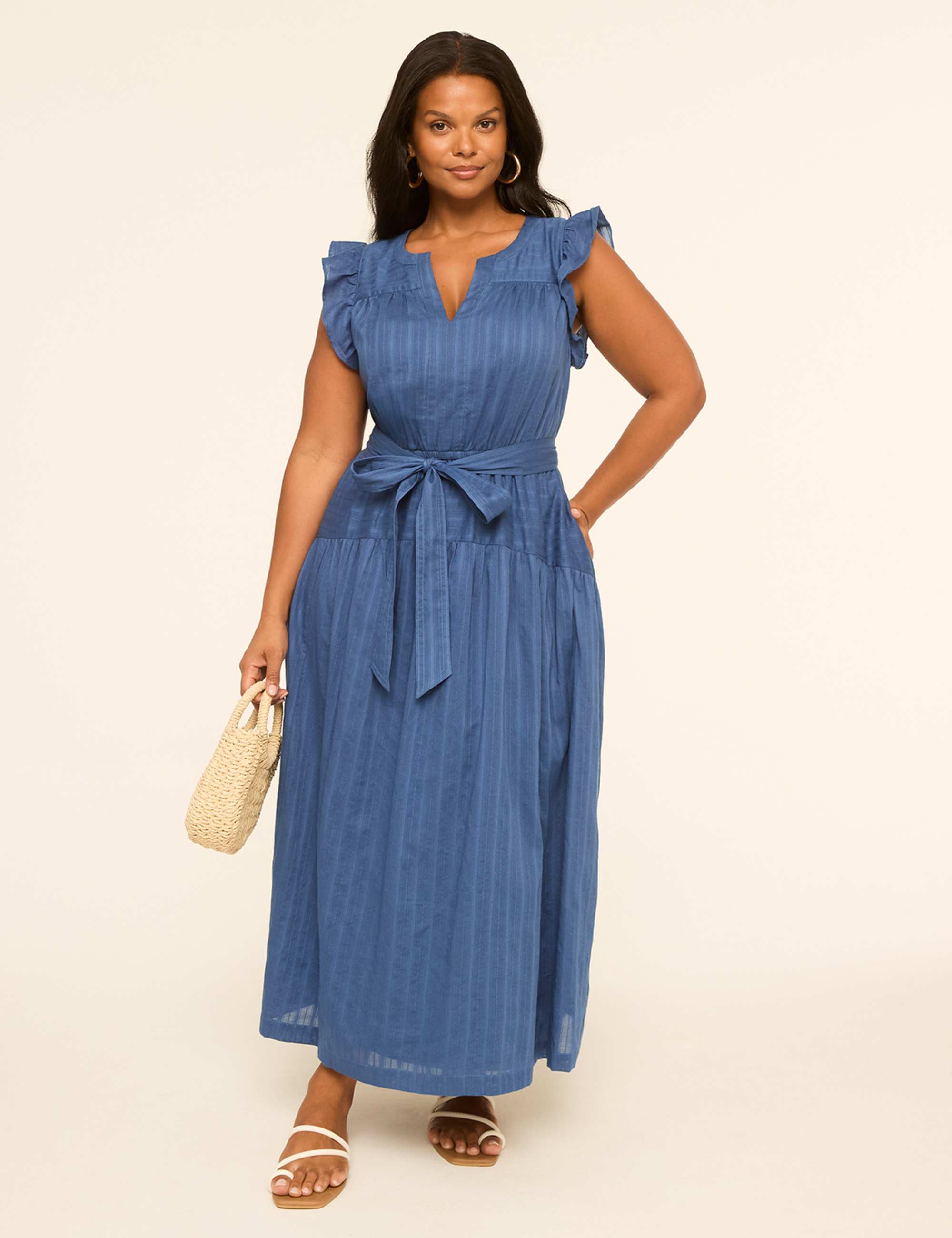 Flutter-Sleeve Tie-Waist Maxi Dress