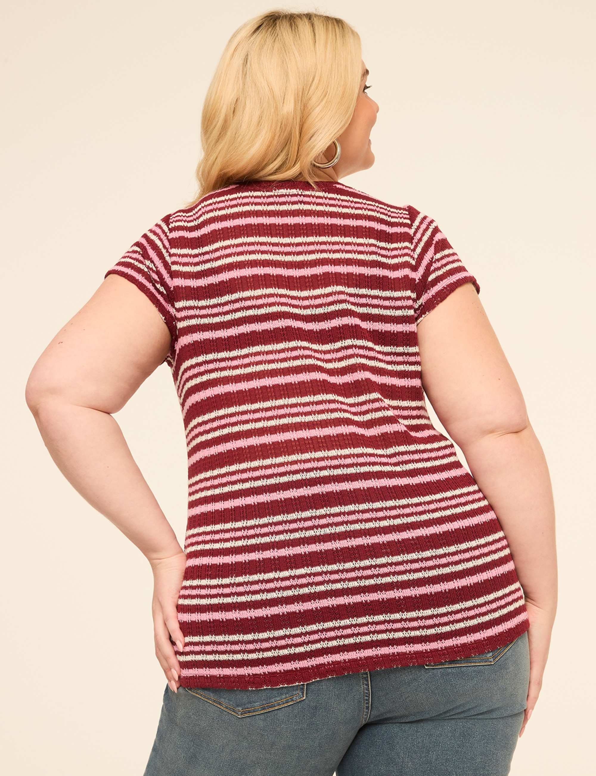 Notch-Neck Textured Open-Stitch Top