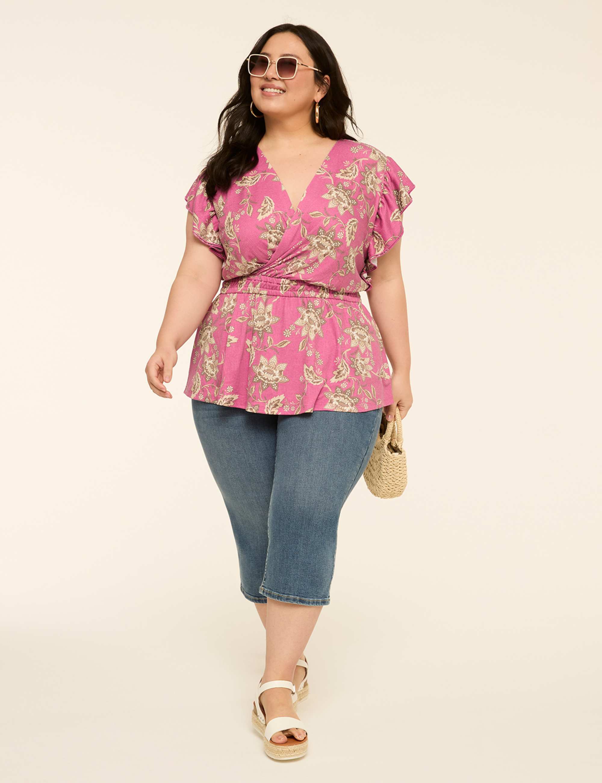 Double Flutter-Sleeve Faux-Wrap Peplum Top