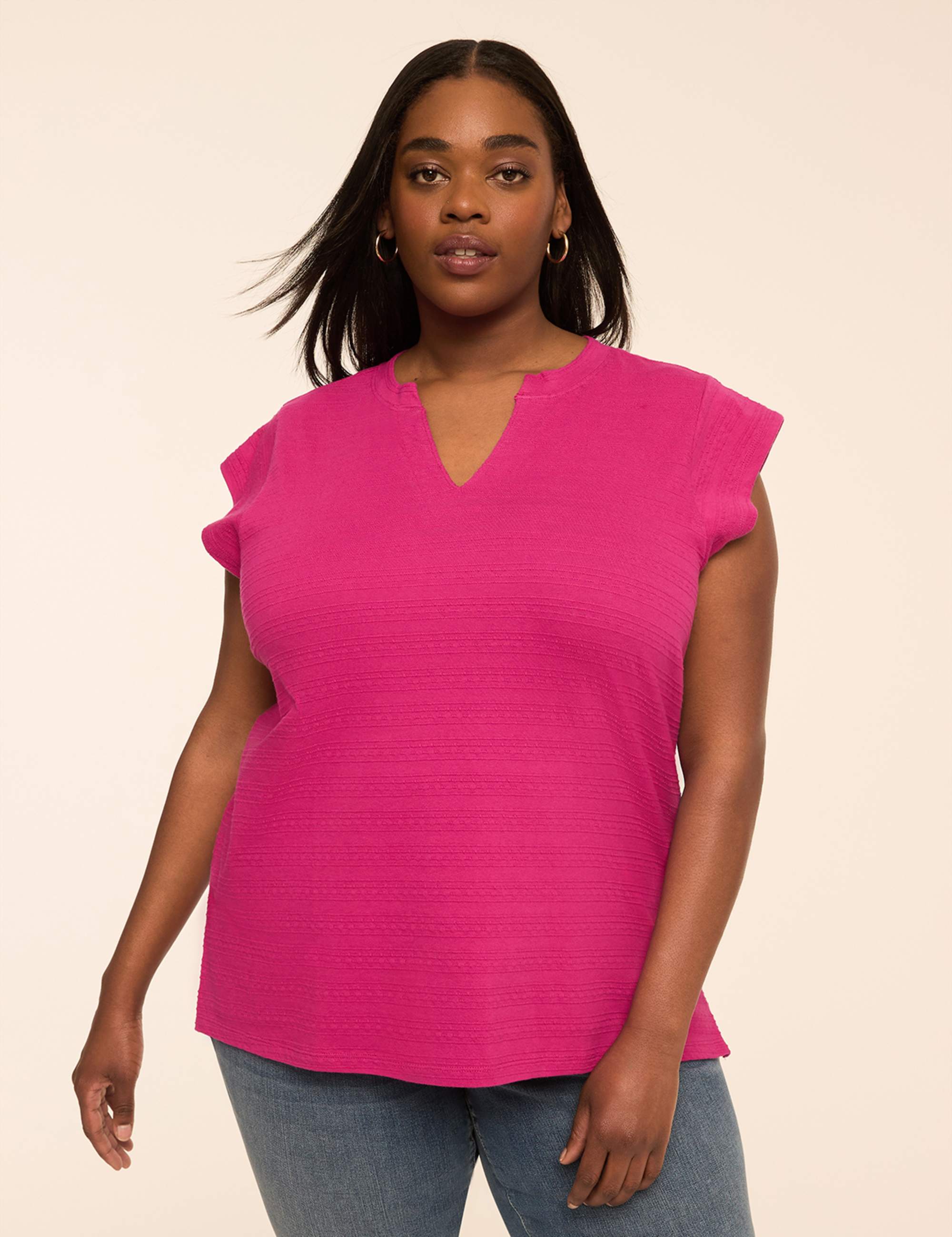 Notch-Neck Textured Knit Top