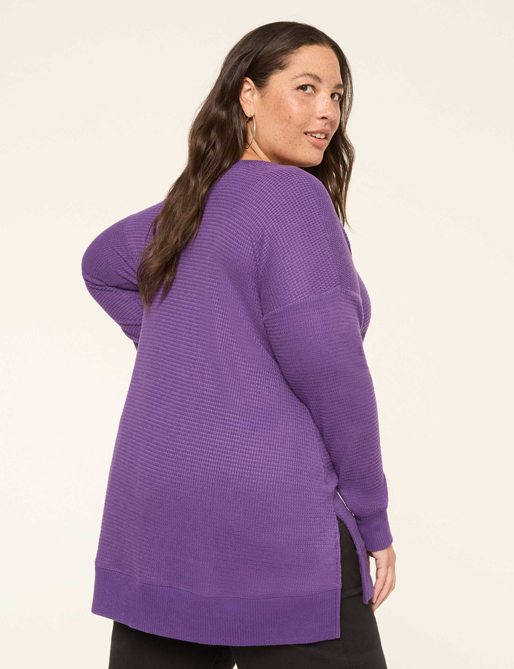 Long-Sleeve V-Neck Waffle Knit Top