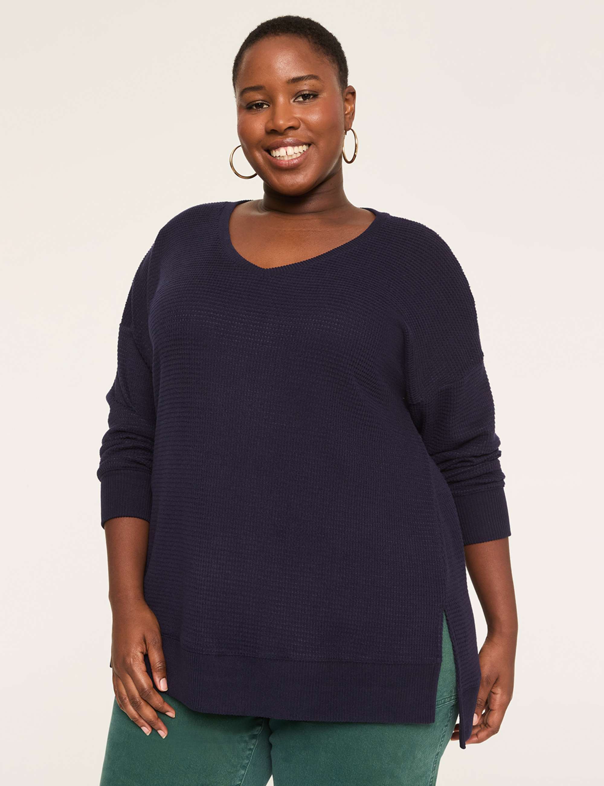 Long-Sleeve V-Neck Waffle Knit Top