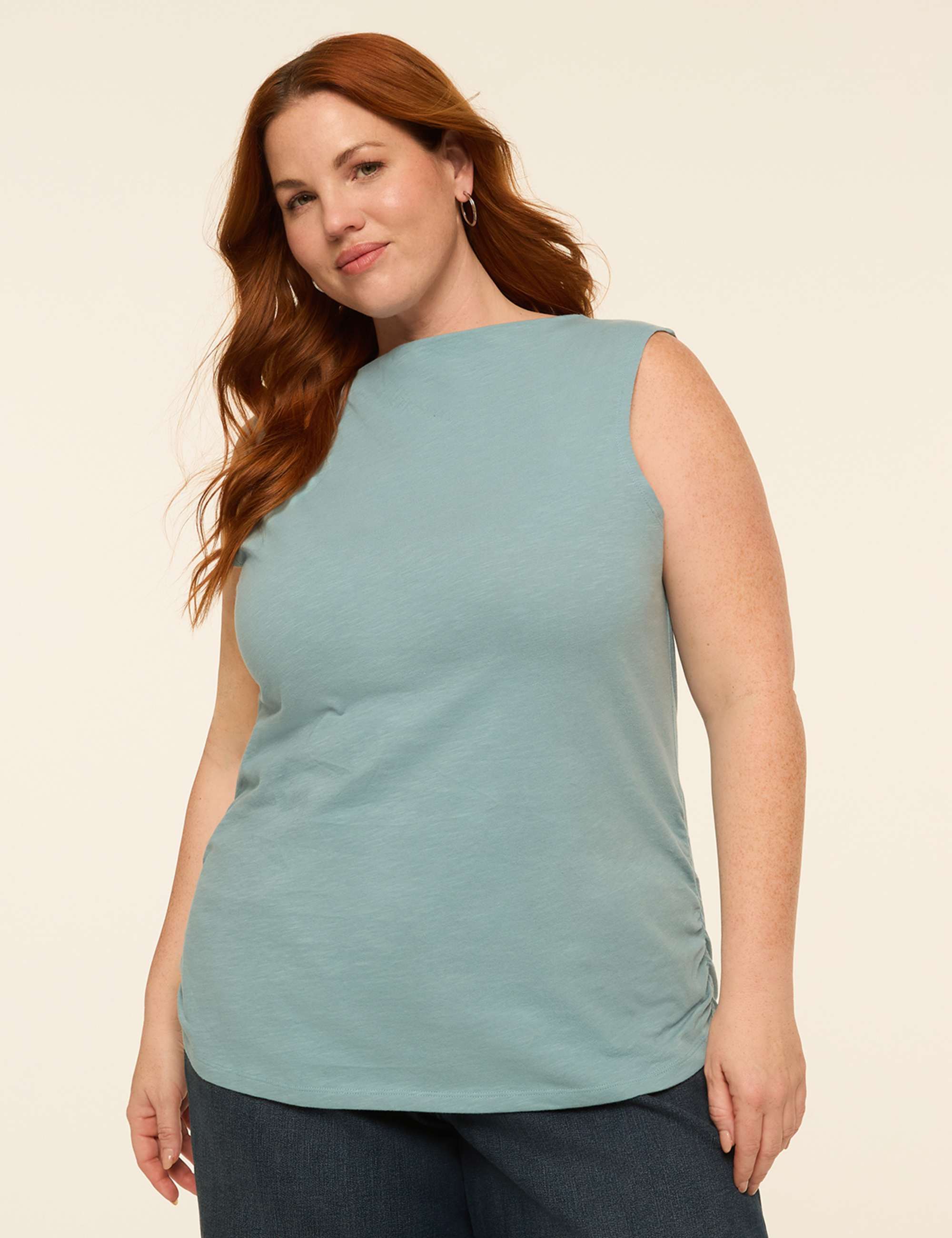 Sleeveless Boatneck Side-Ruched Top