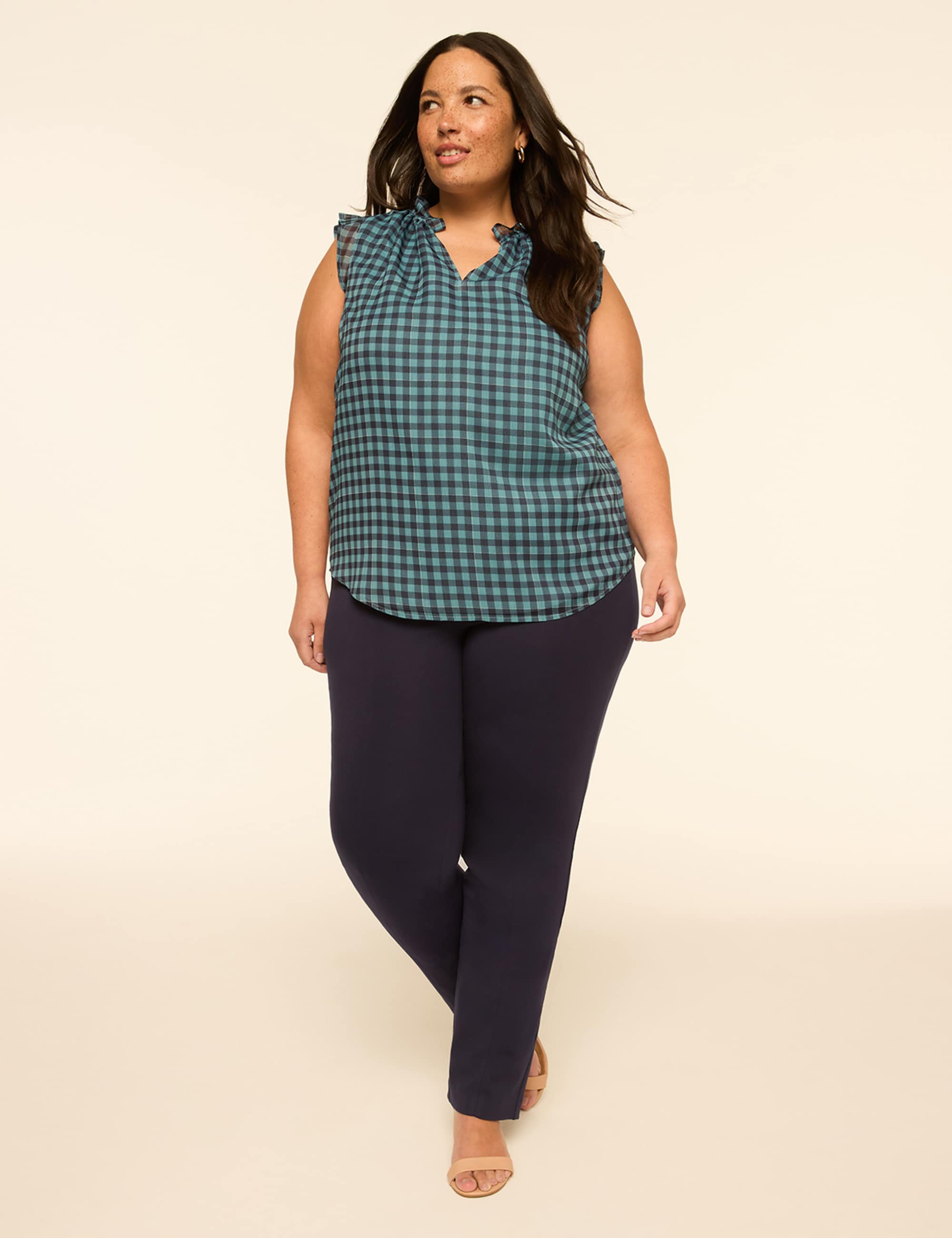 Ruffle-Sleeve Split-Neck Popover Blouse