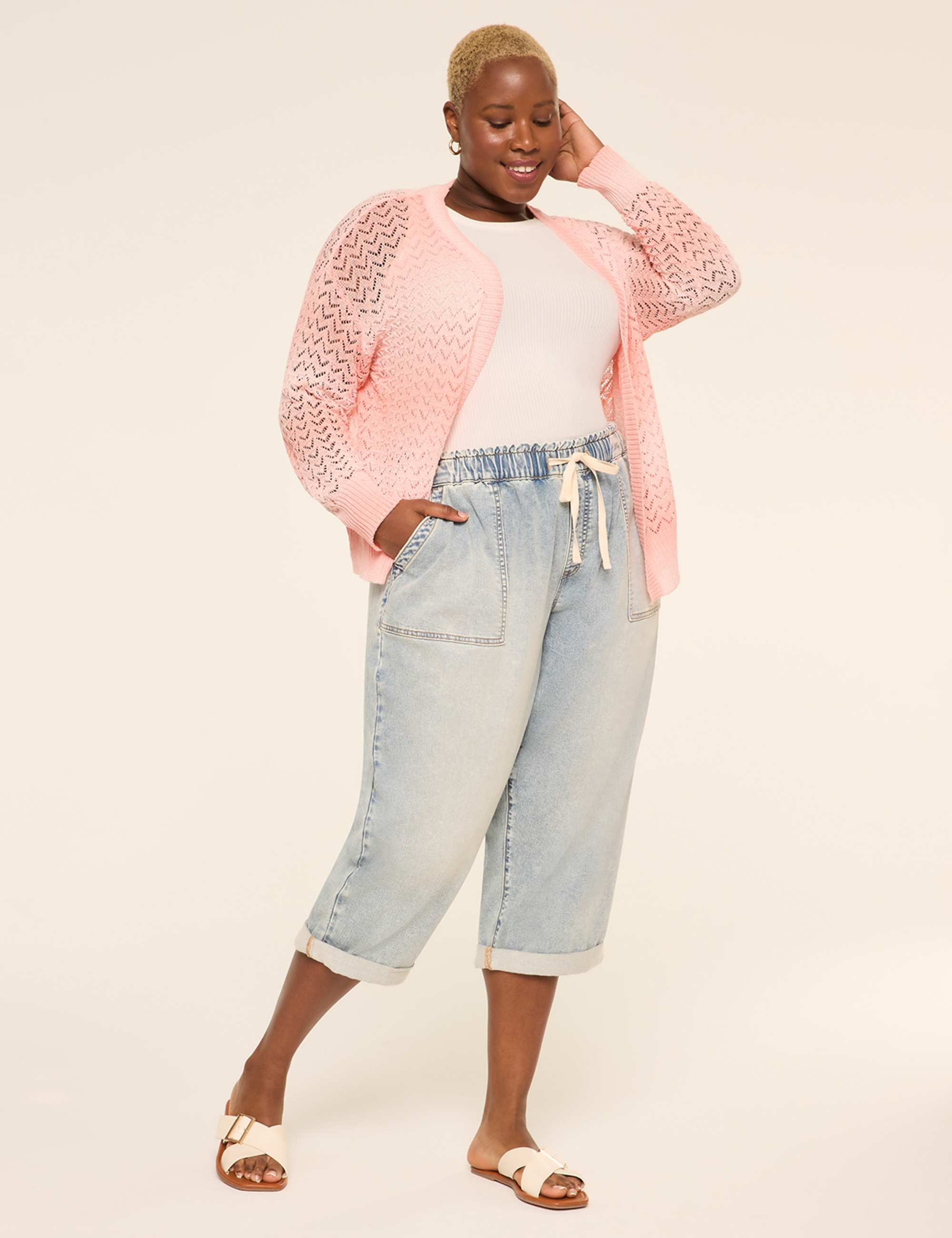 Pointelle-Stitched Open-Front Cardigan