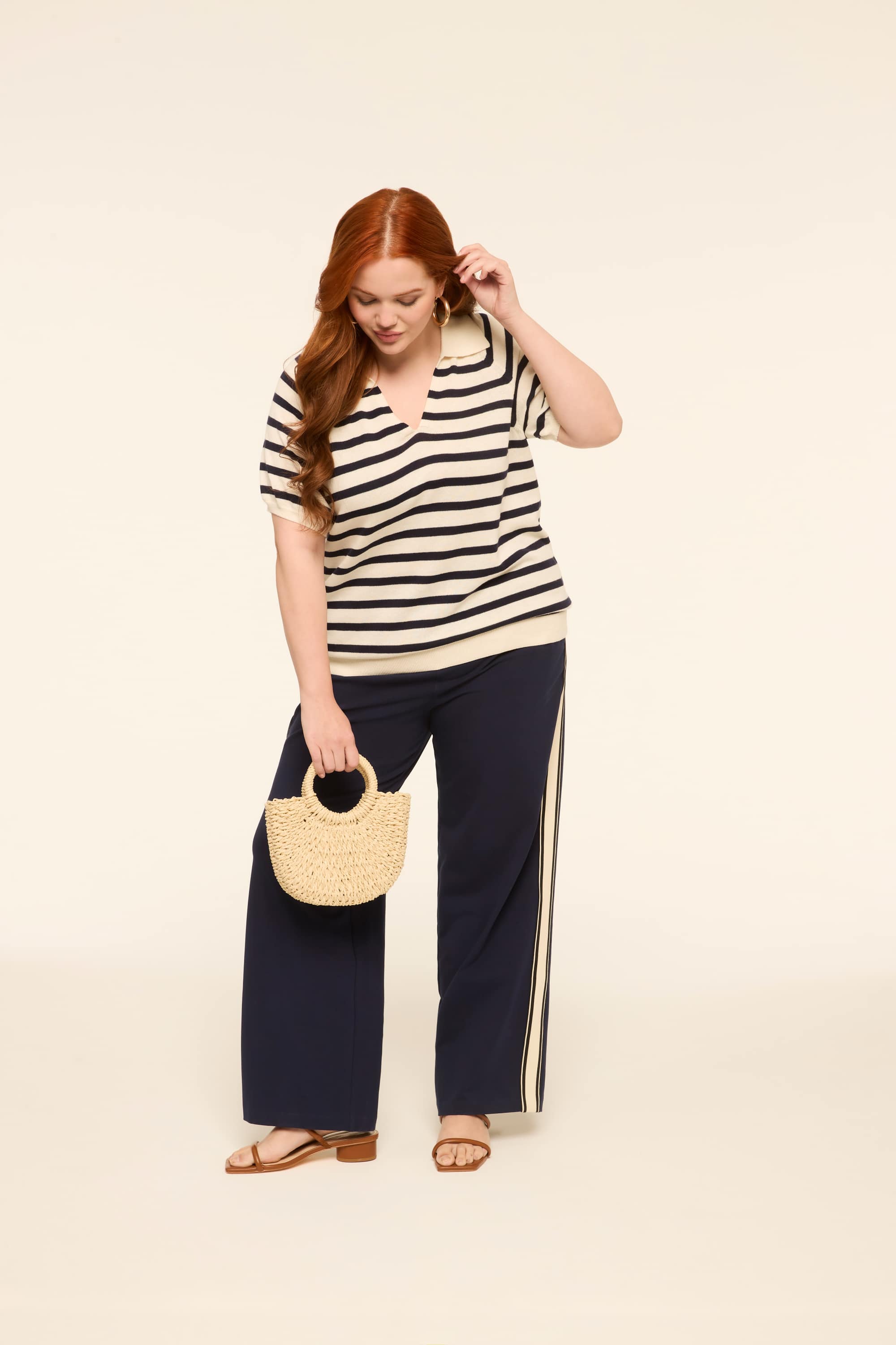 Short-Sleeve Striped Polo Pullover Sweater