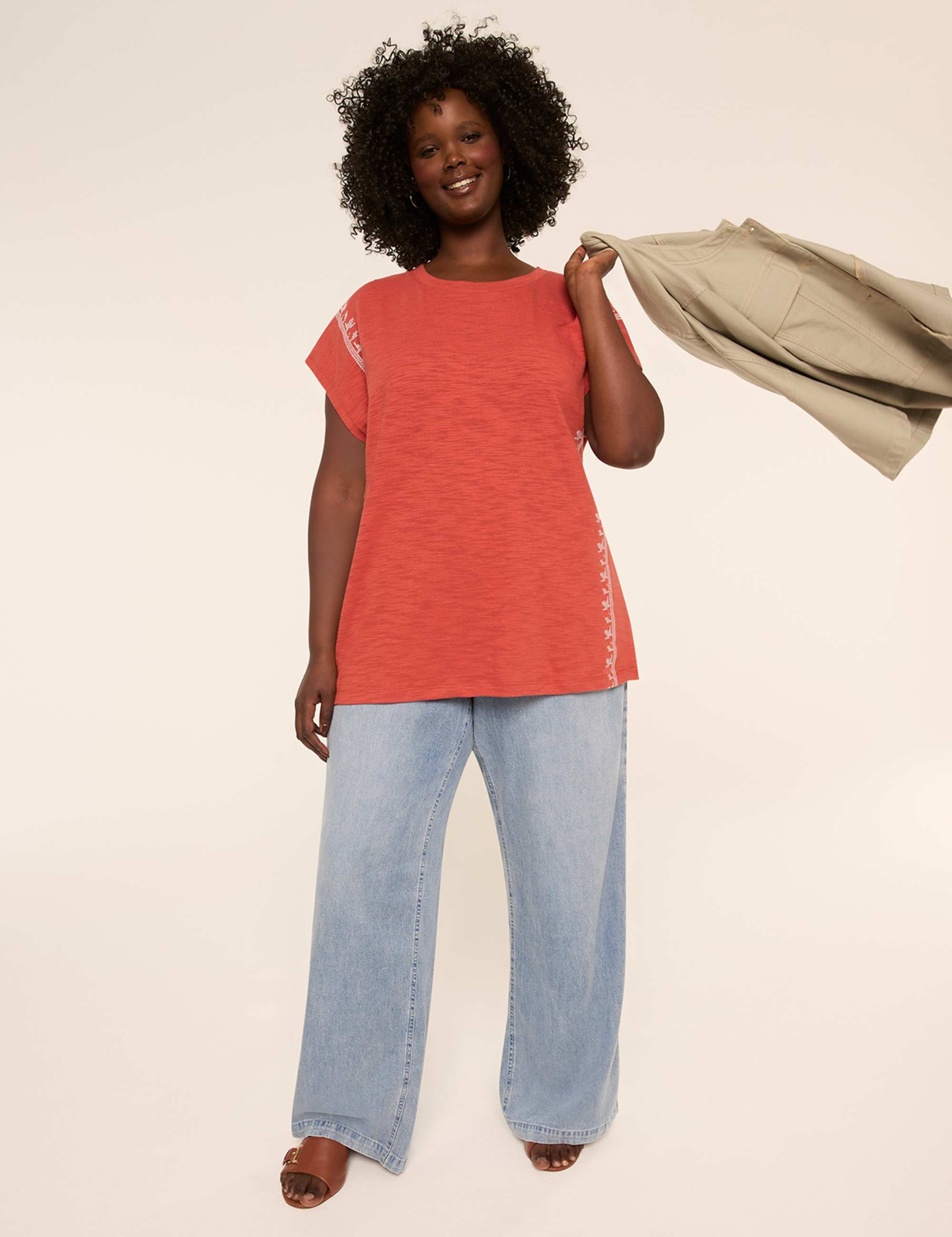 Embroidered Dolman-Sleeve Crew-Neck Top