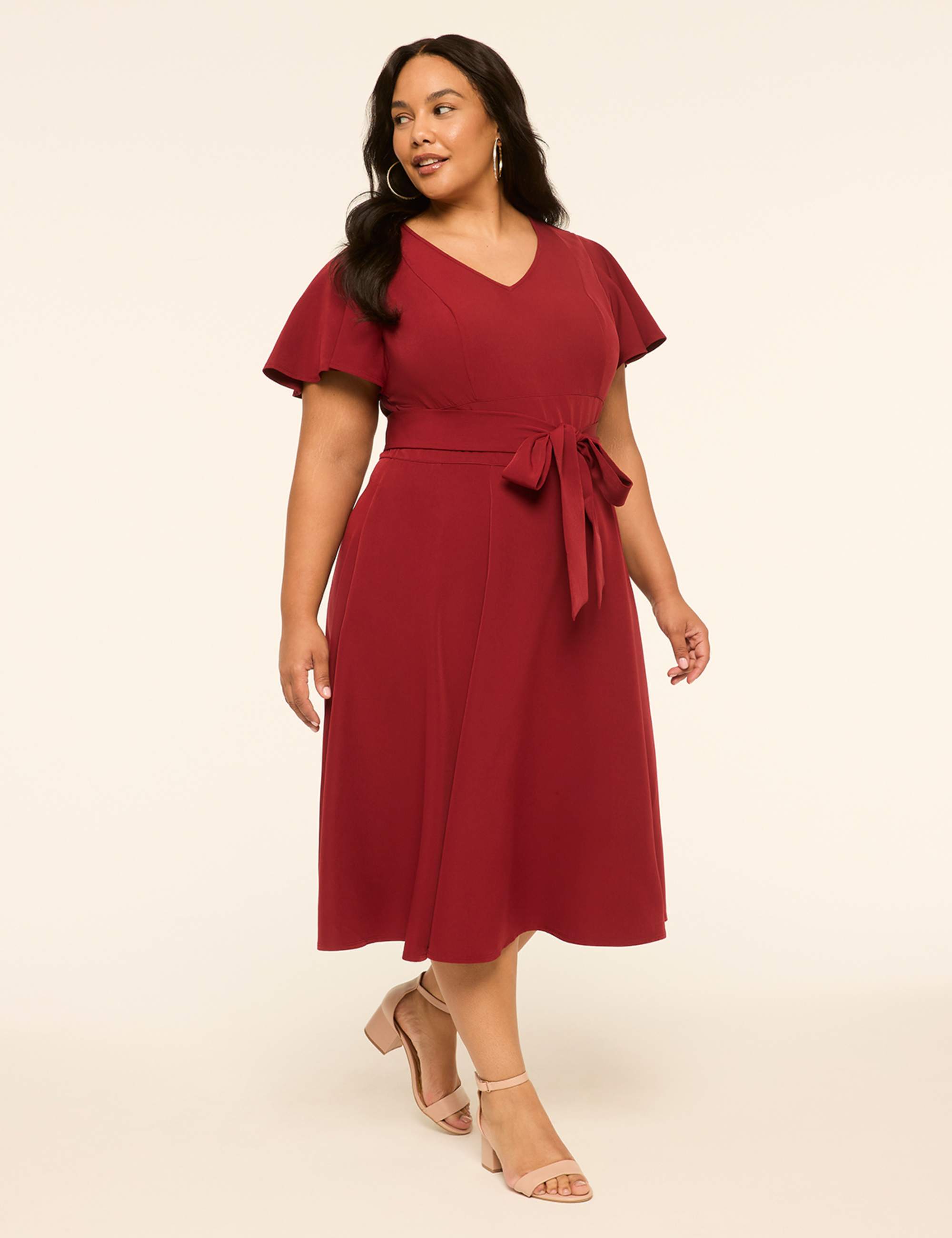 Lena Flutter-Sleeve V-Neck Midi Dress