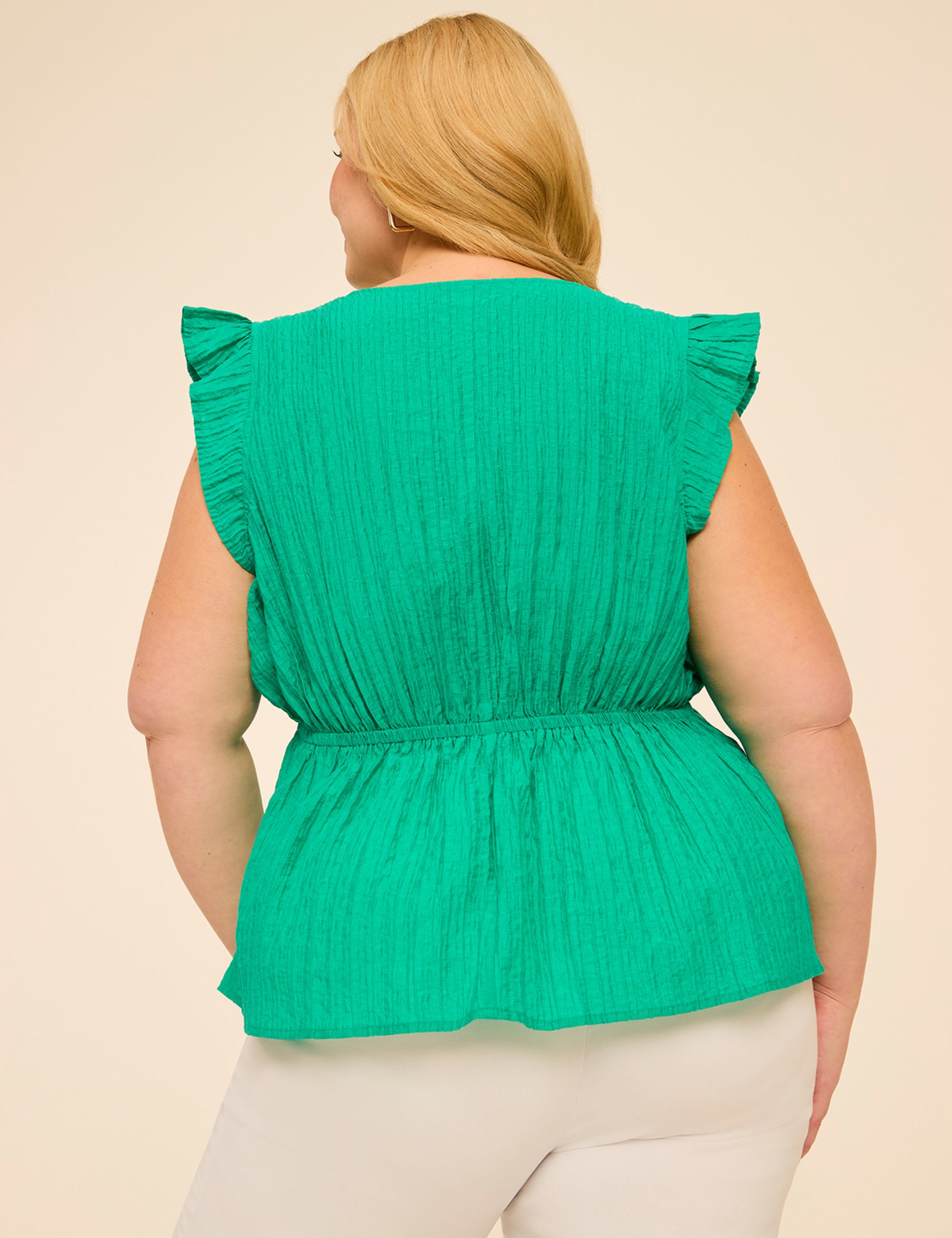 Ruffle-Sleeve Tie-Neck Peplum Top