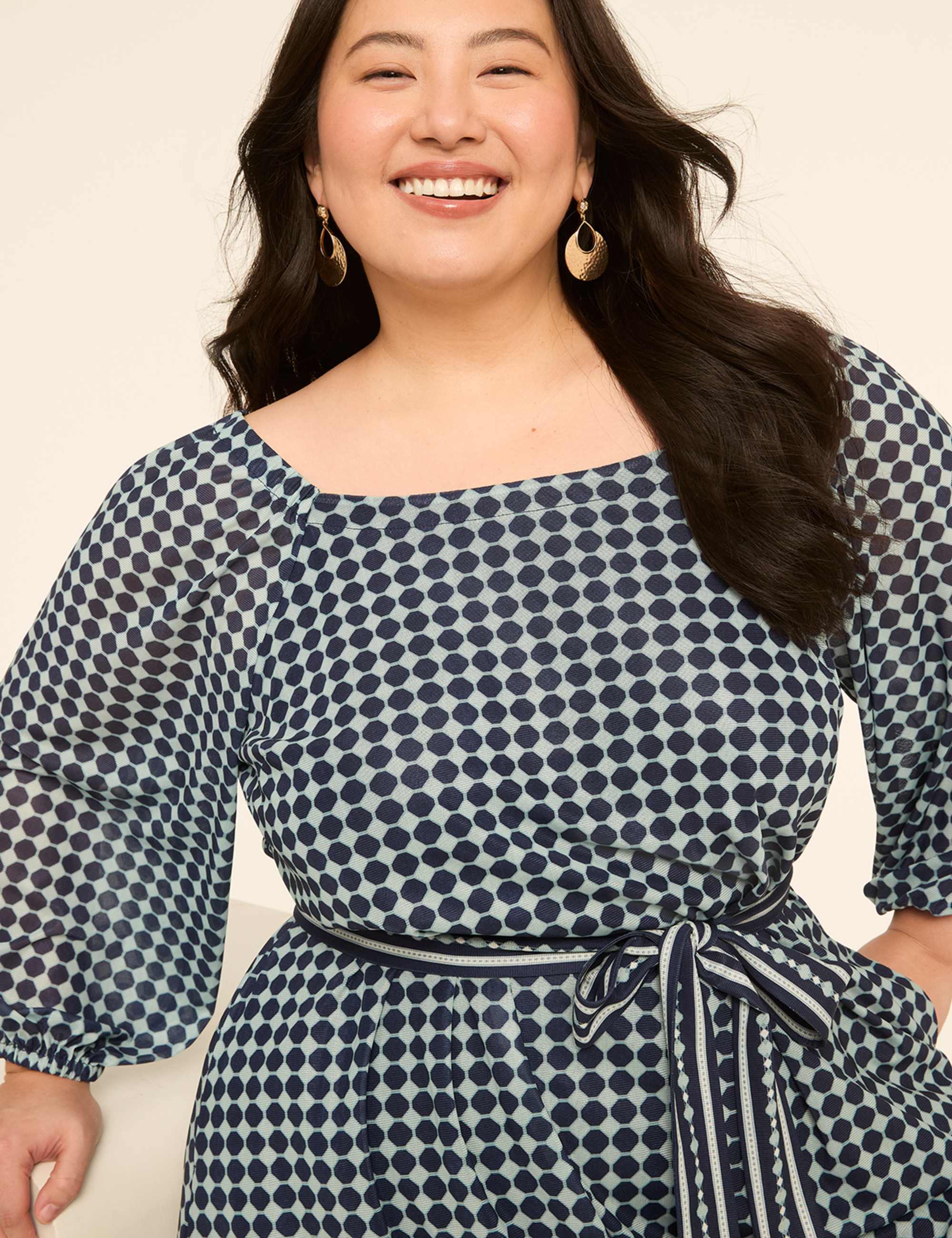 Long-Sleeve Tie-Waist Mesh Short Dress