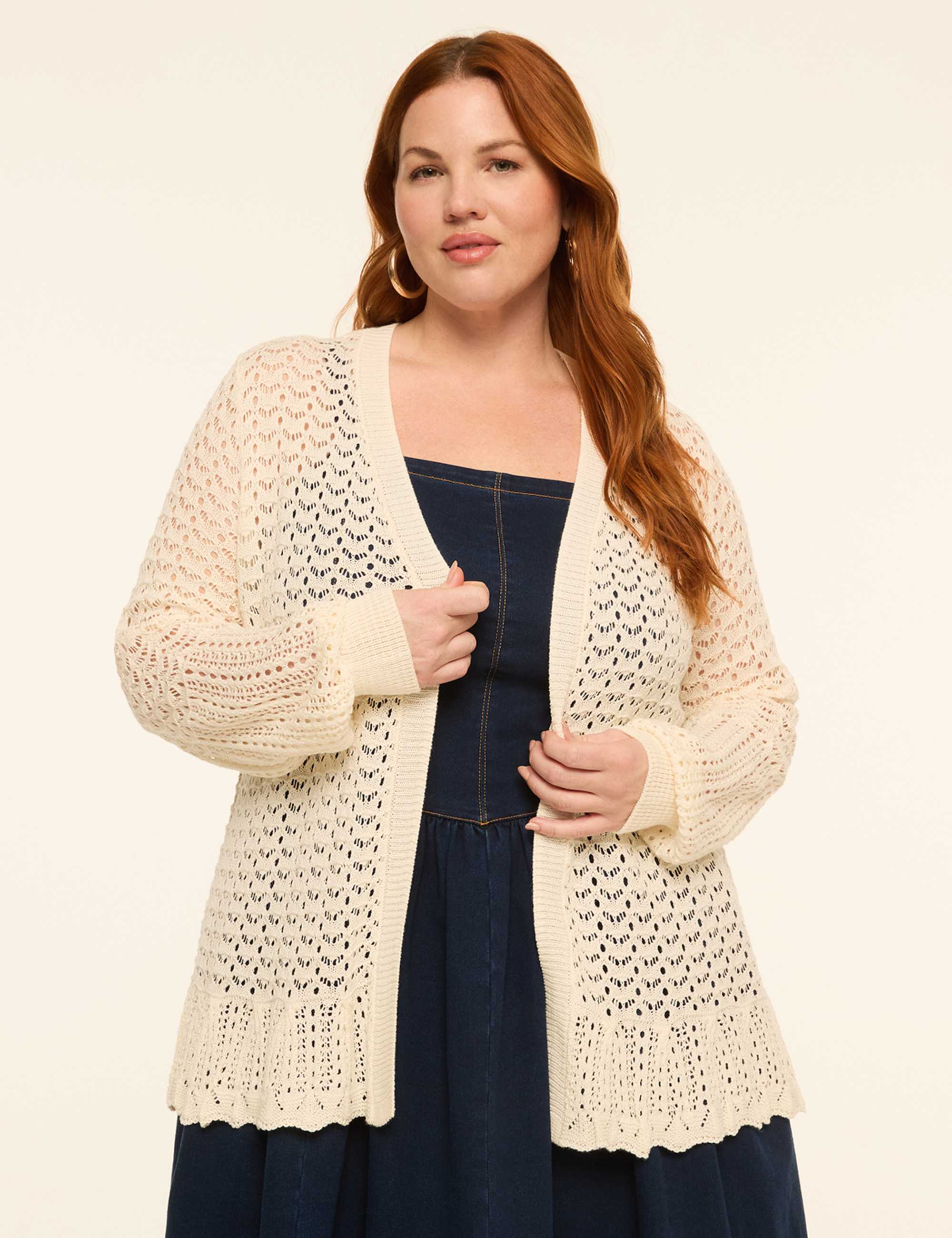 Ruffle-Hem Open-Front Cardigan