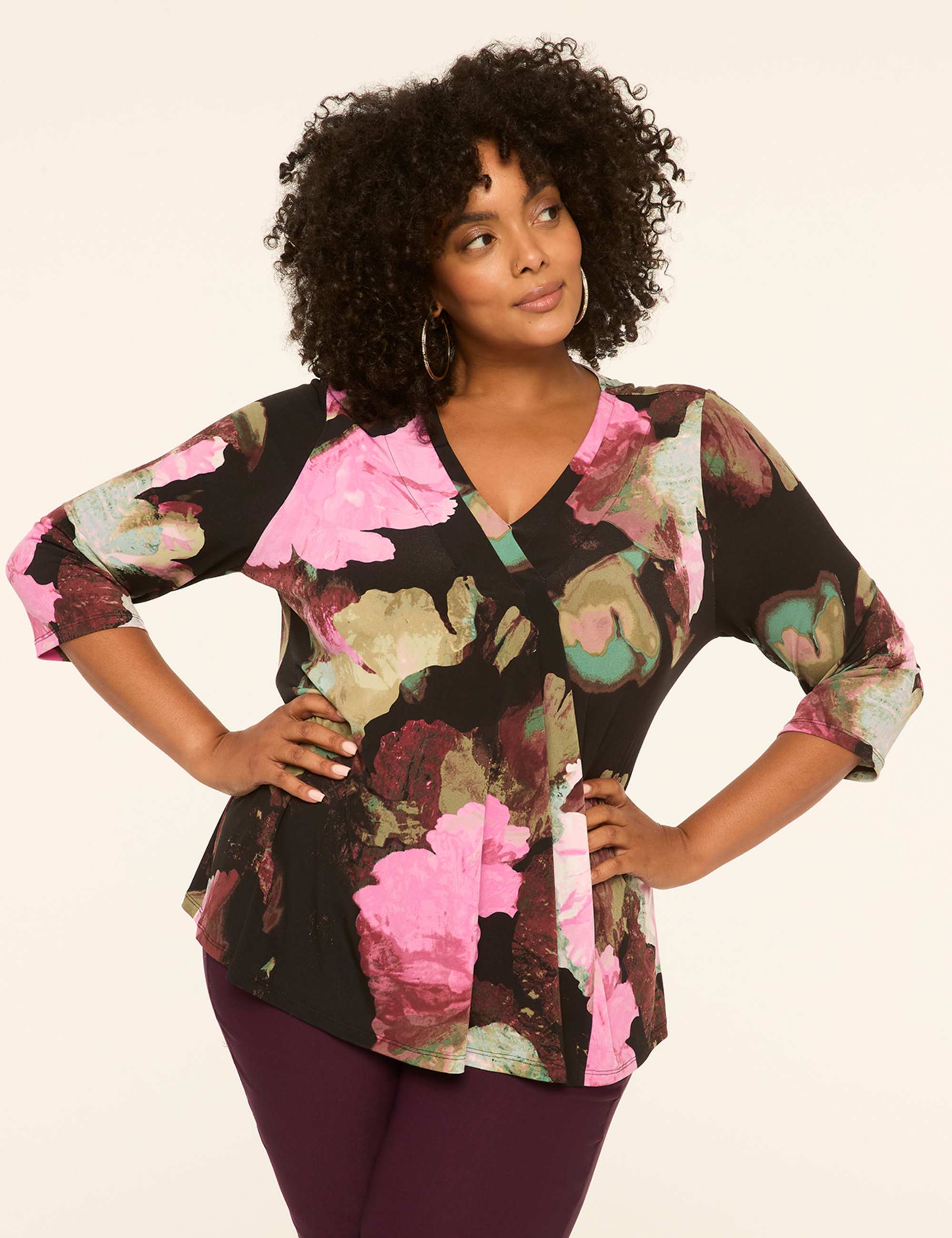 Swing 3/4-Sleeve Pleat-Front Top