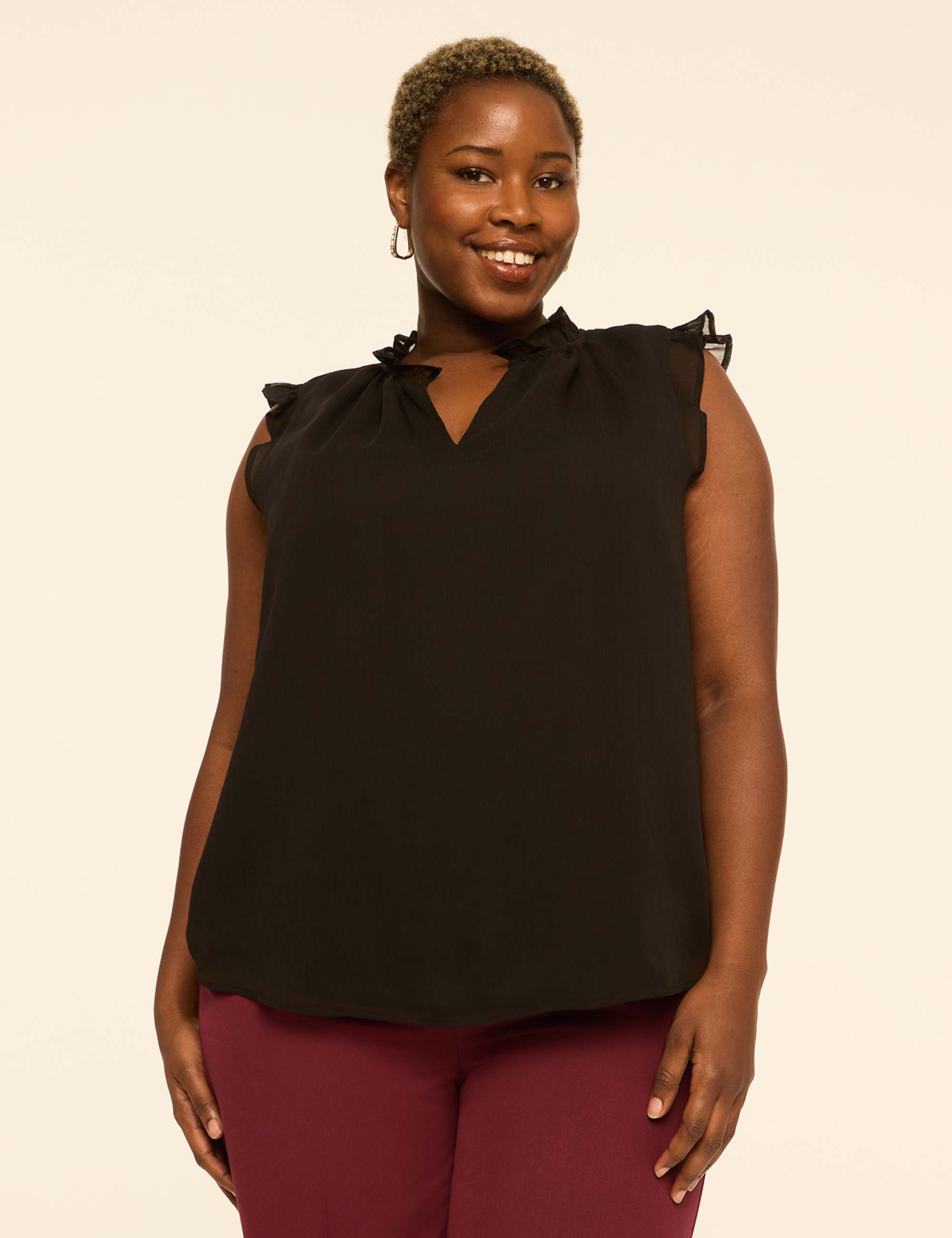 Ruffle-Sleeve Split-Neck Popover Blouse