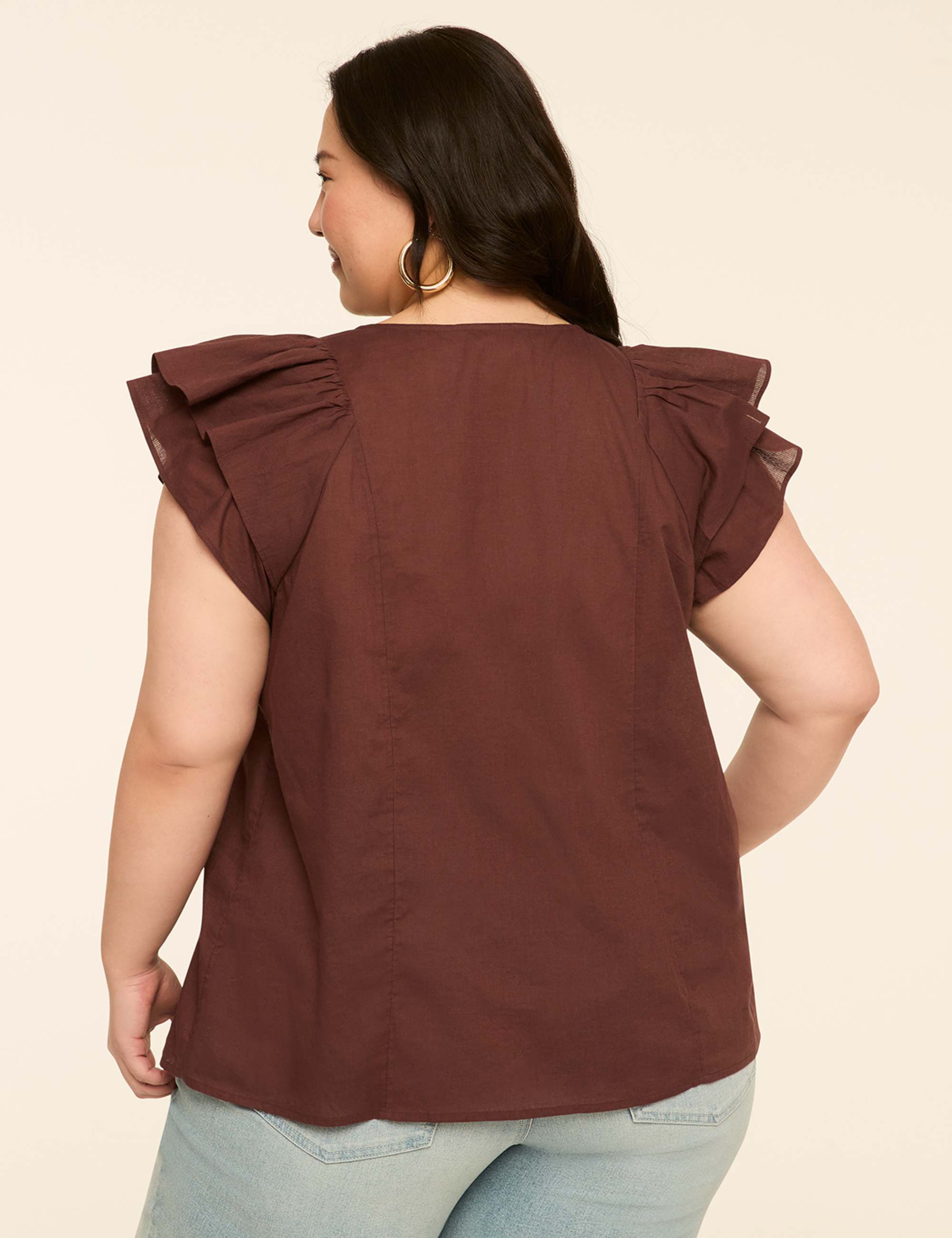 Double Flutter-Sleeve Split-Neck Top