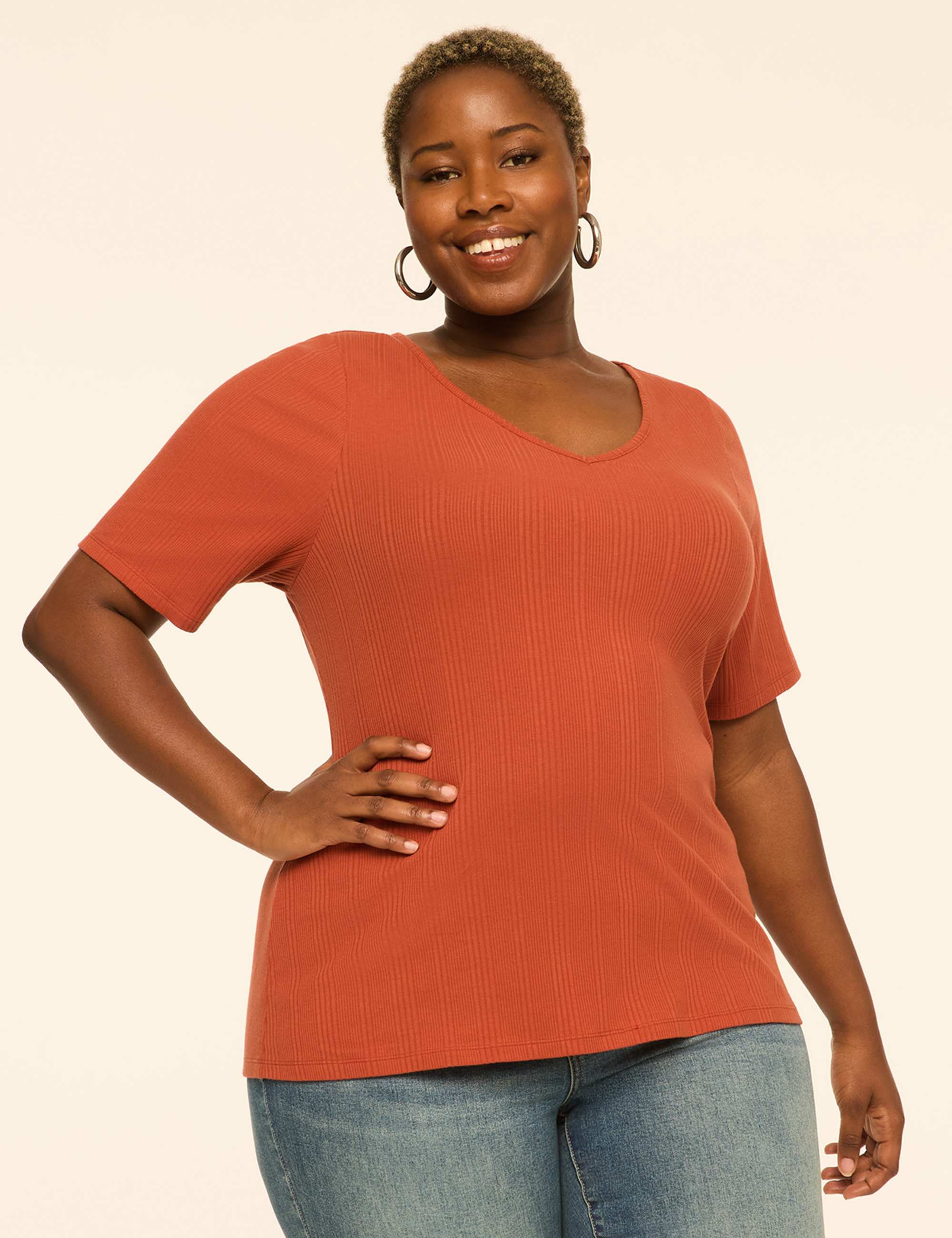 Elbow-Sleeve V-Neck Rib Top