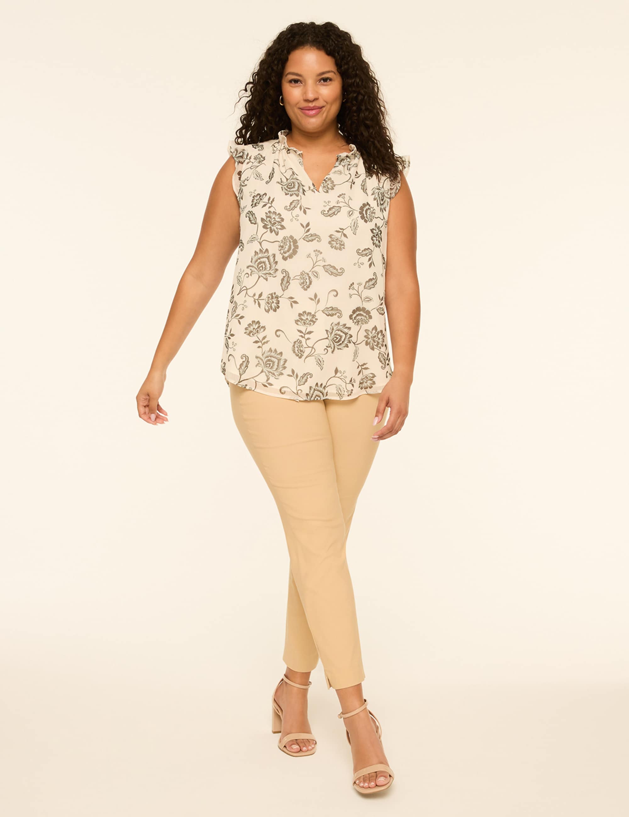 Ruffle-Sleeve Split-Neck Popover Blouse