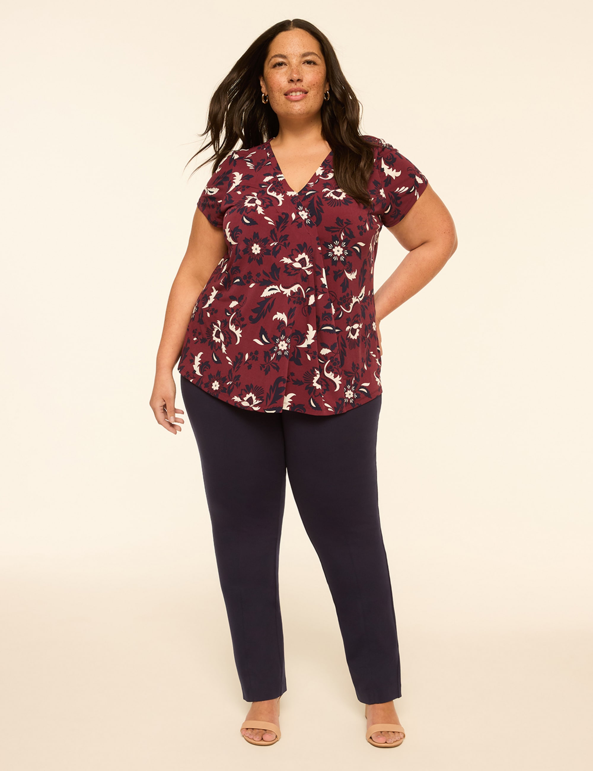 Swing Cap-Sleeve Pleat-Front Top
