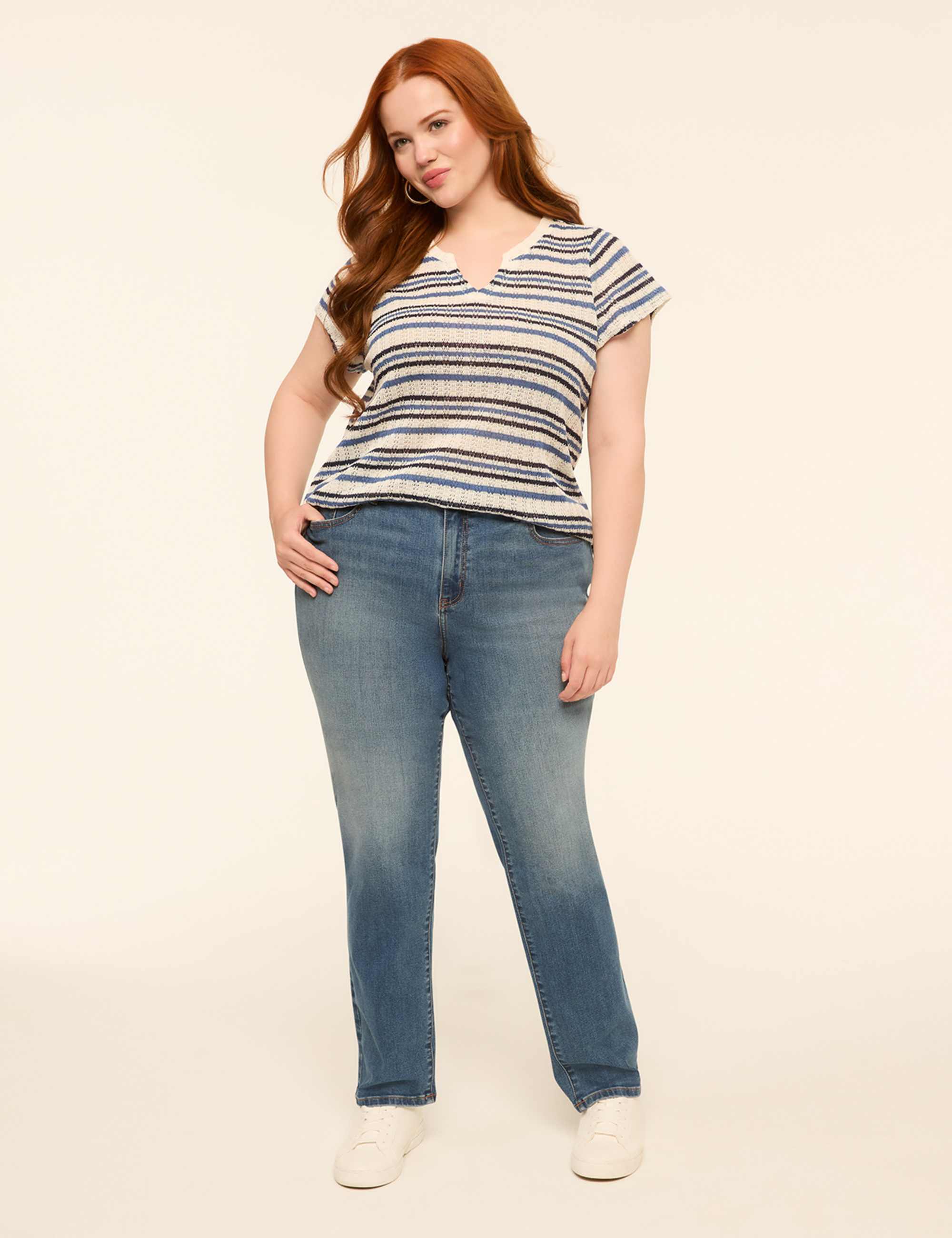 Notch-Neck Textured Open-Stitch Top