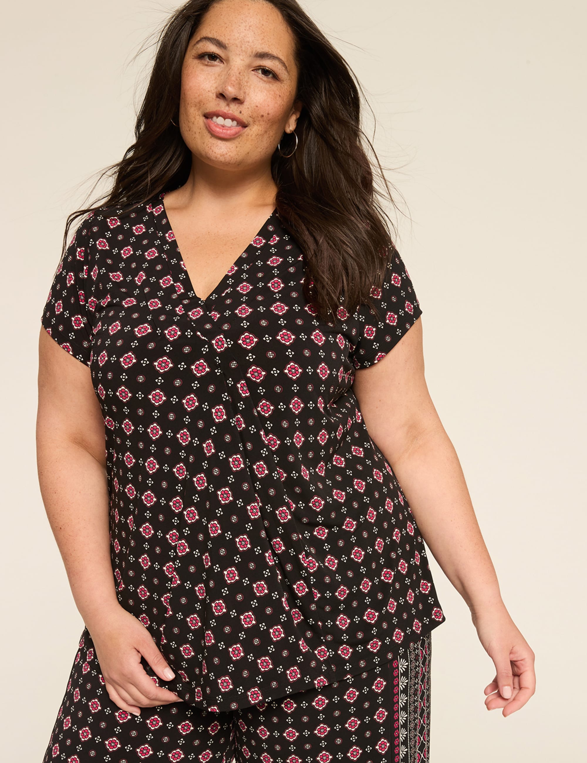 Cap-Sleeve Pleat-Front Top