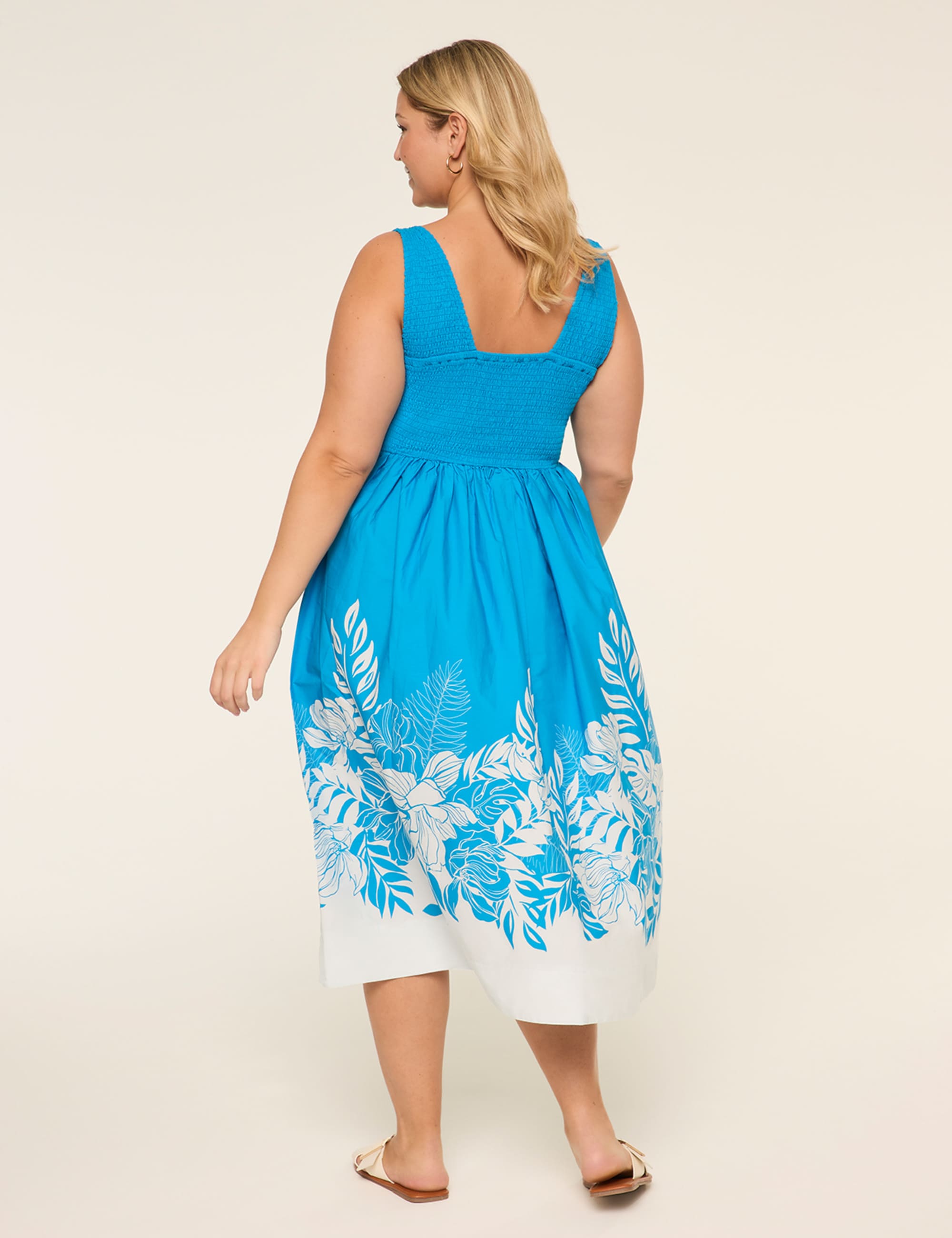 V-Neck Smocked-Bodice Midi Dress