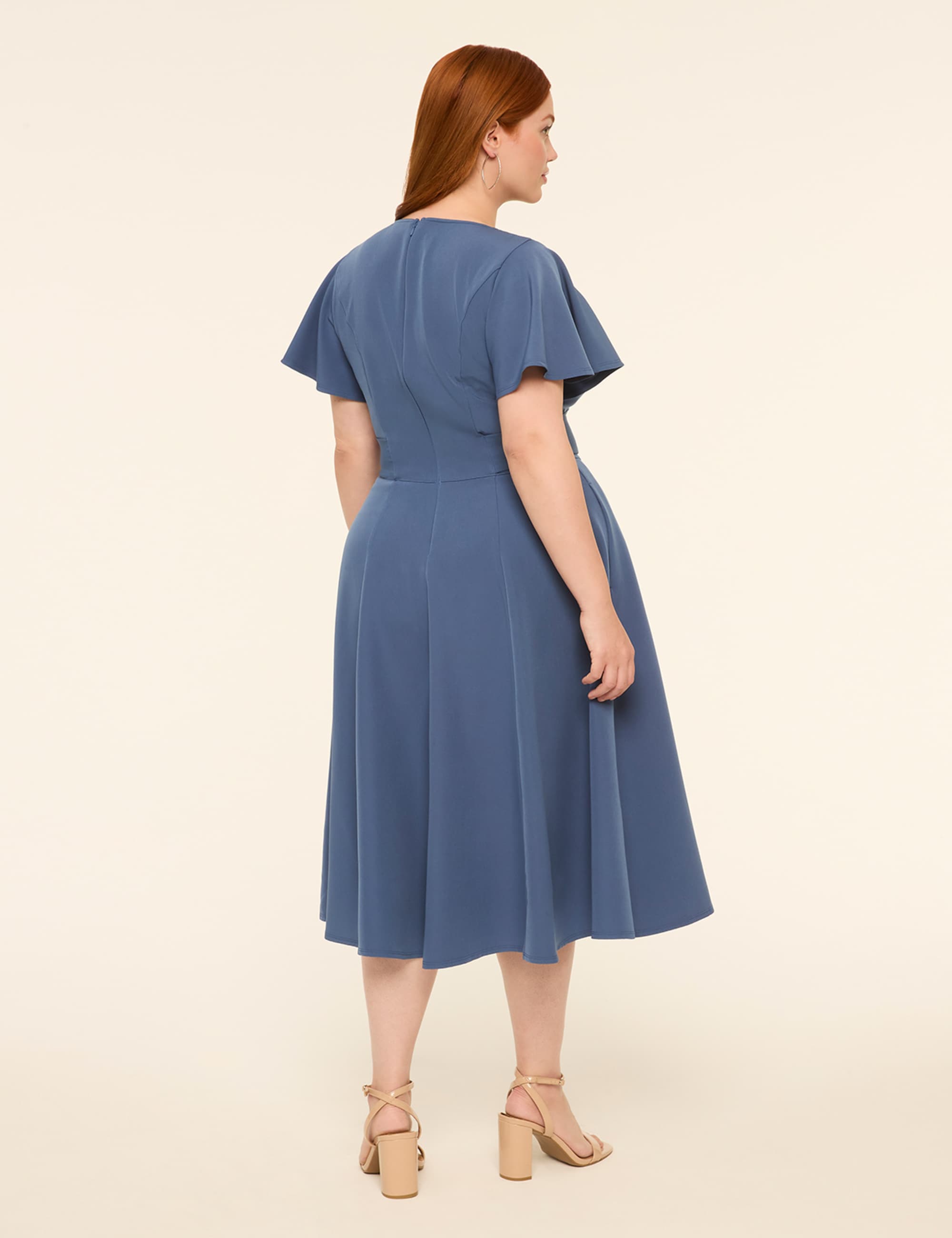 Lena Flutter-Sleeve V-Neck Midi Dress