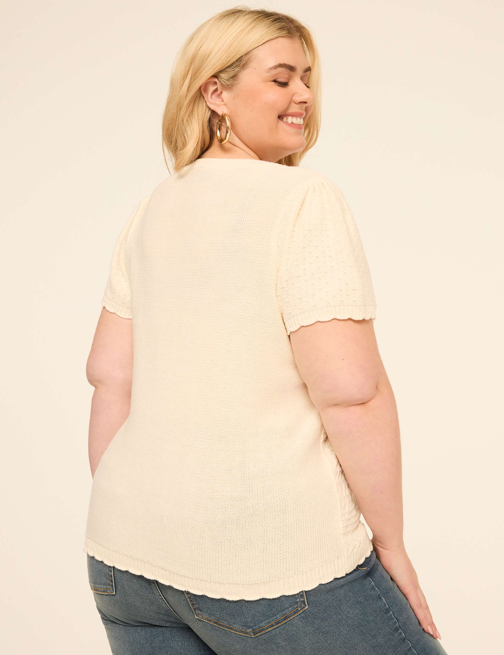 Short-Sleeve Notch-Neck Pointelle-Stitch Sweater