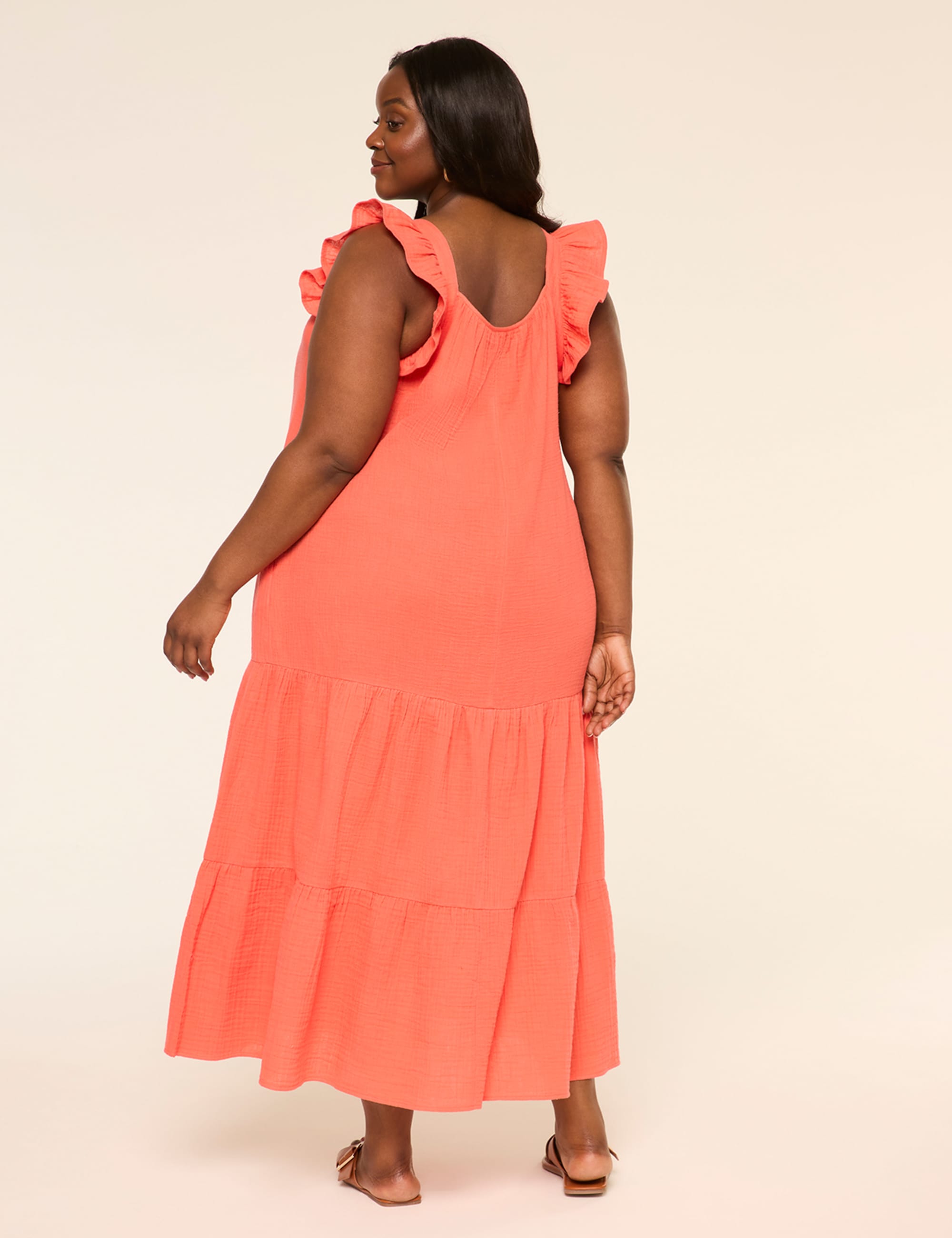 Ruffle-Sleeve Tiered Gauze Maxi Dress