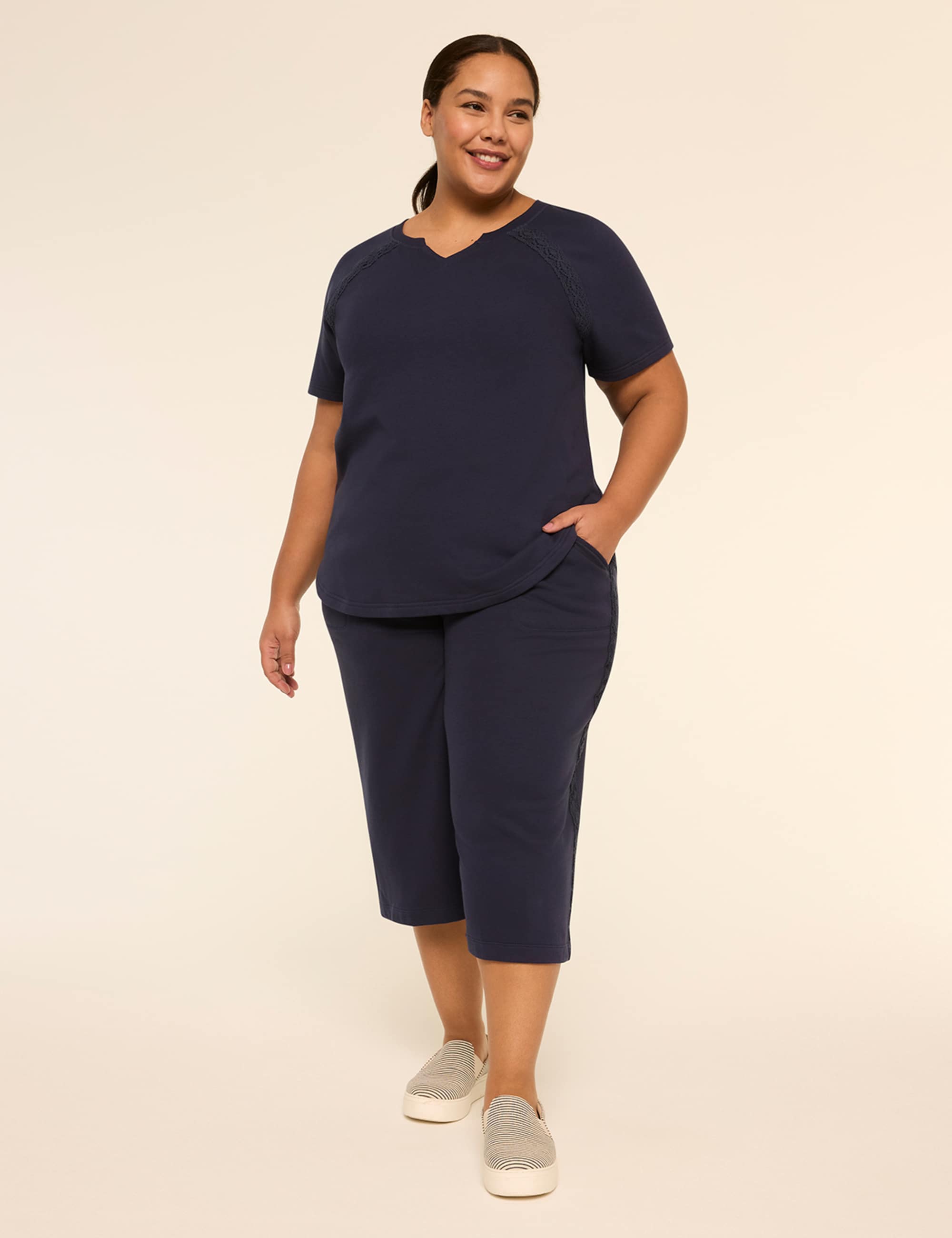 LIVI French Terry Elbow-Sleeve Crochet-Trim Sweatshirt