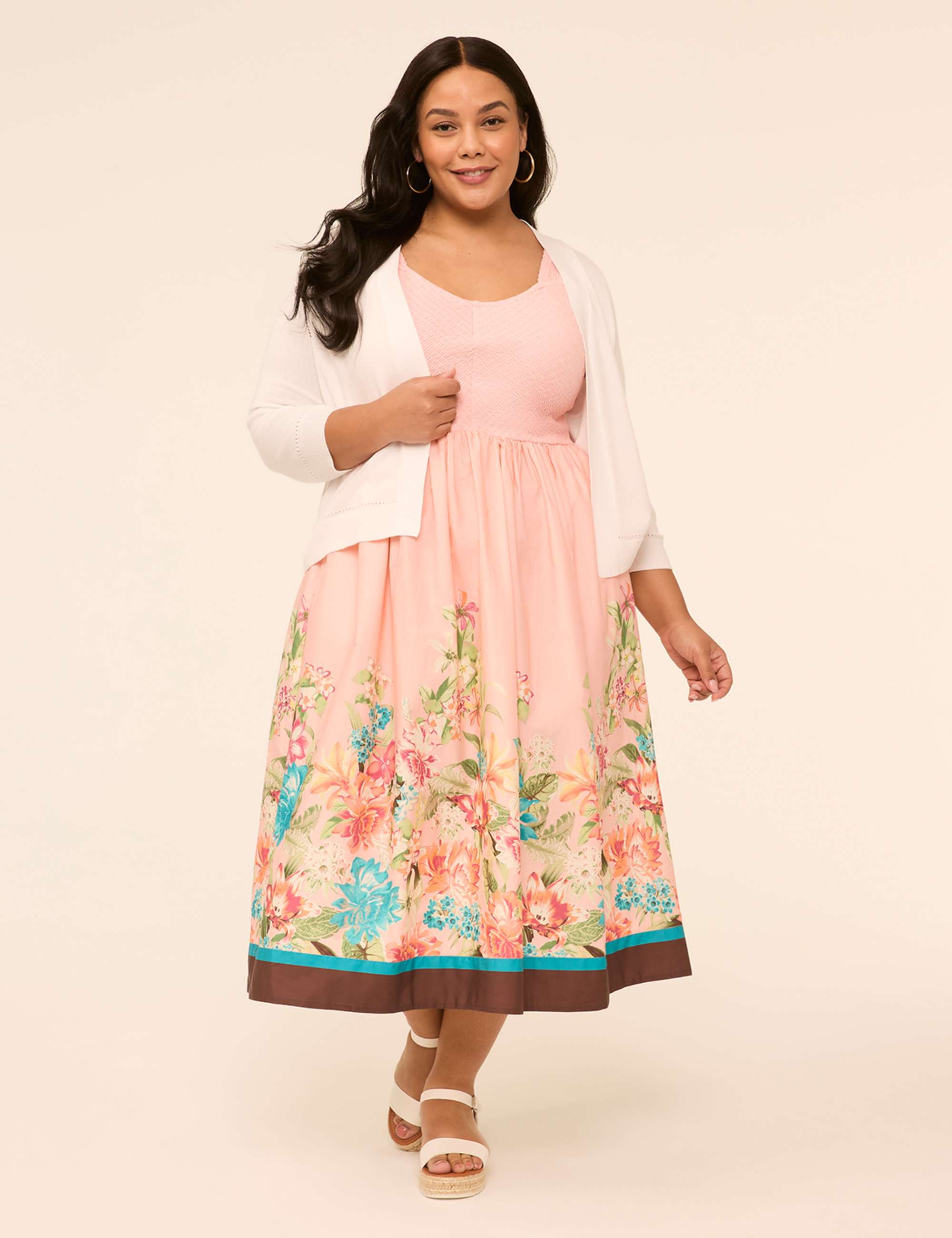V-Neck Smocked-Bodice Midi Dress