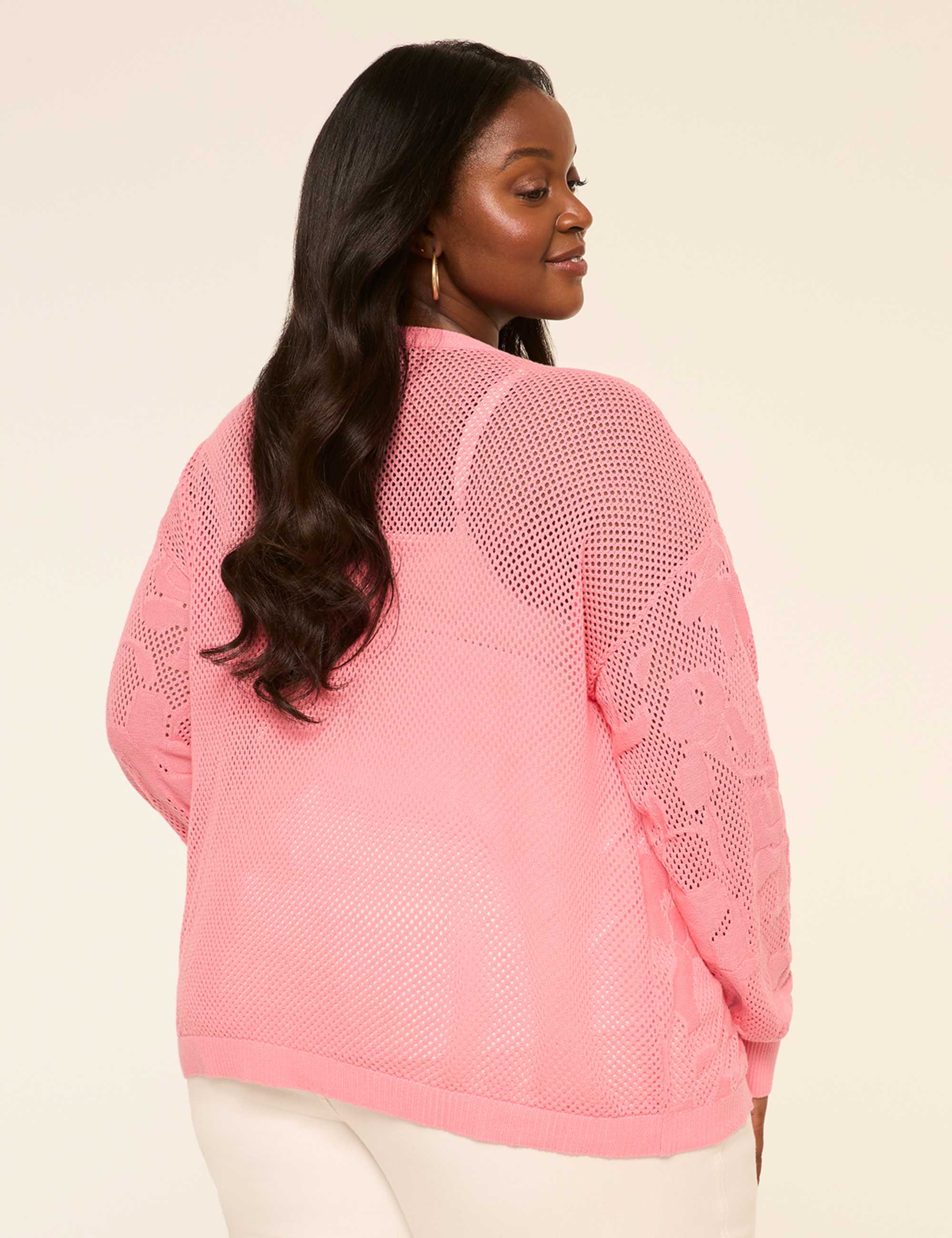 Open-Front Floral Mesh-Stitch Cardigan