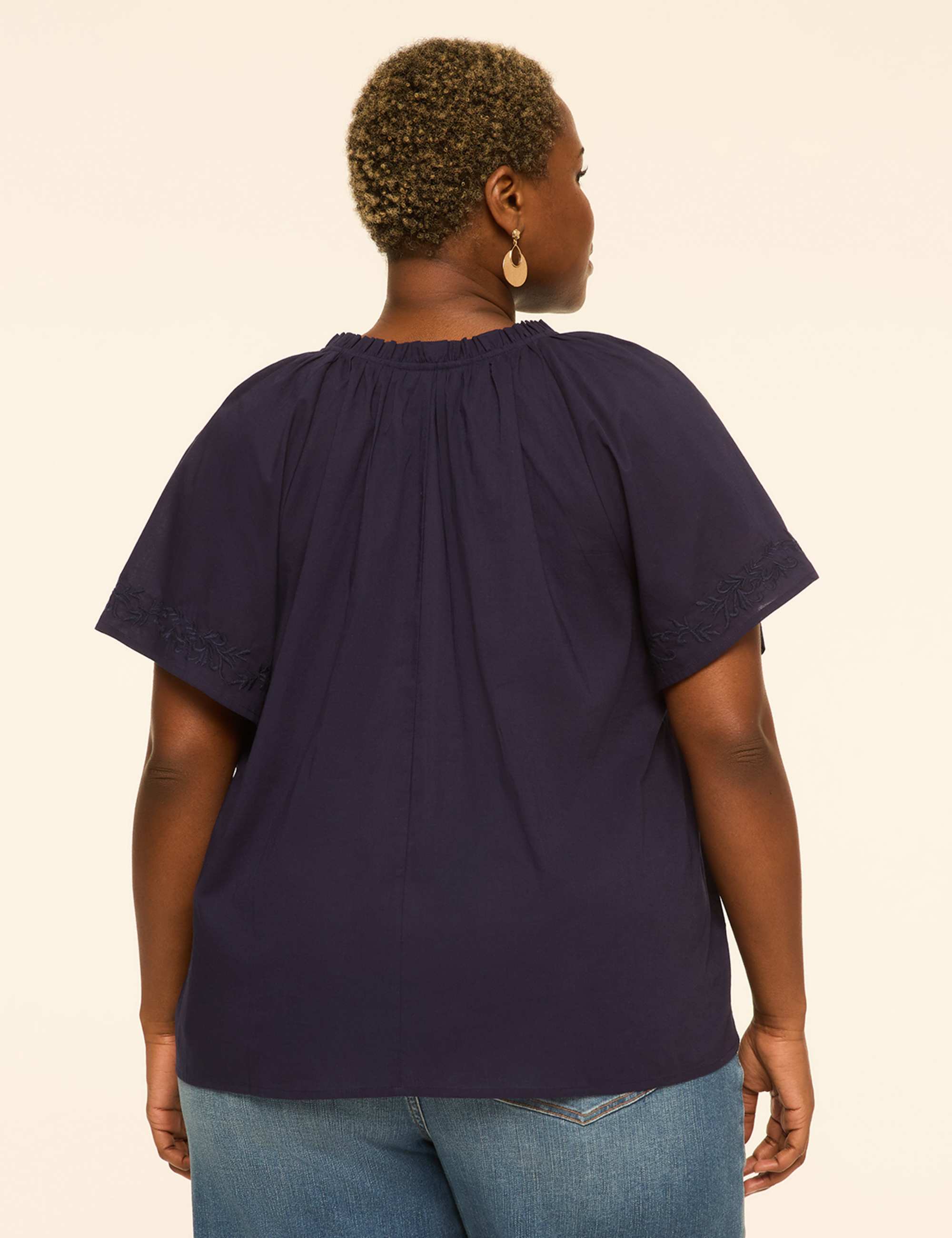 Embroidered Flutter-Sleeve Split-Neck Popover Blouse