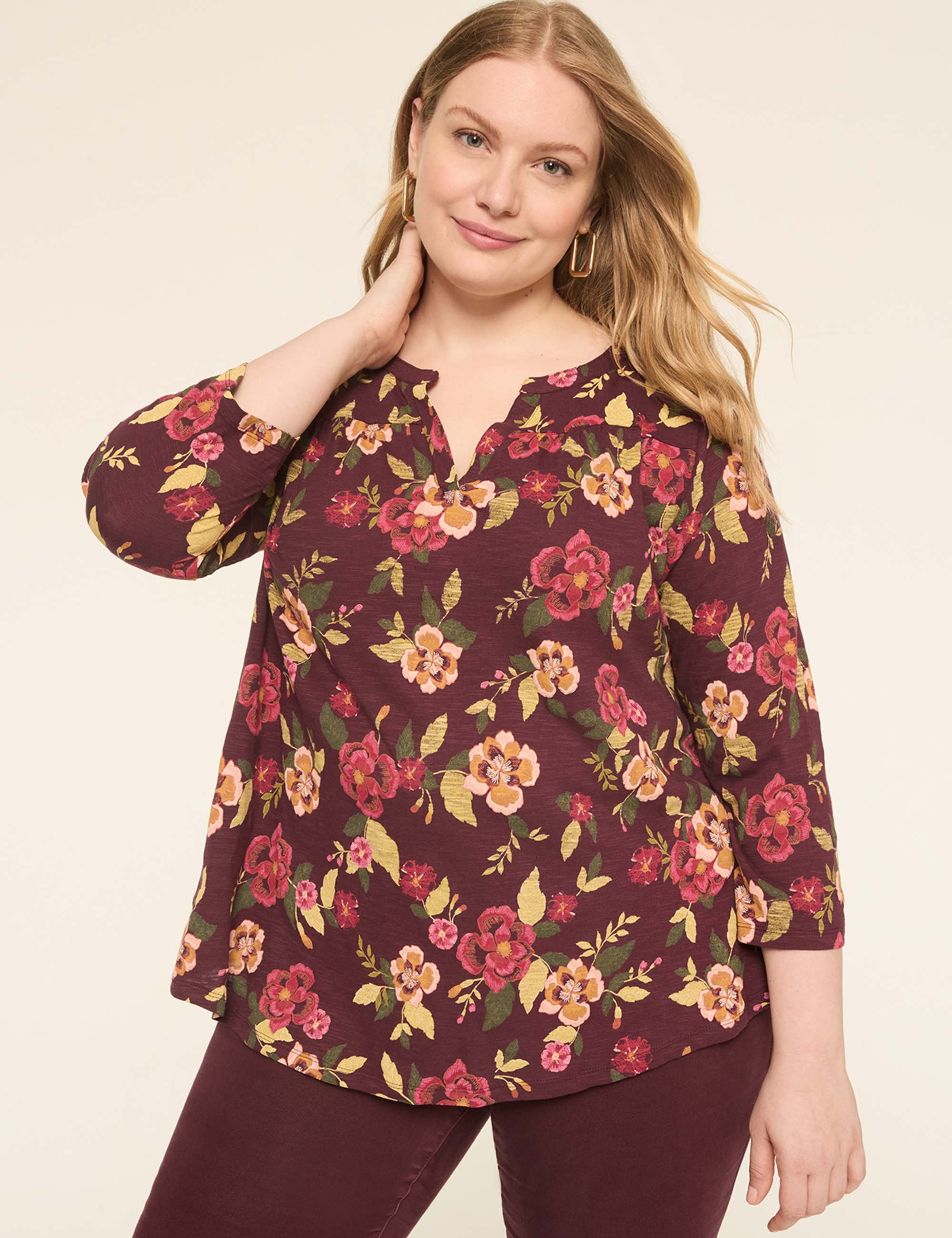 3/4-Sleeve Notch-Neck Top