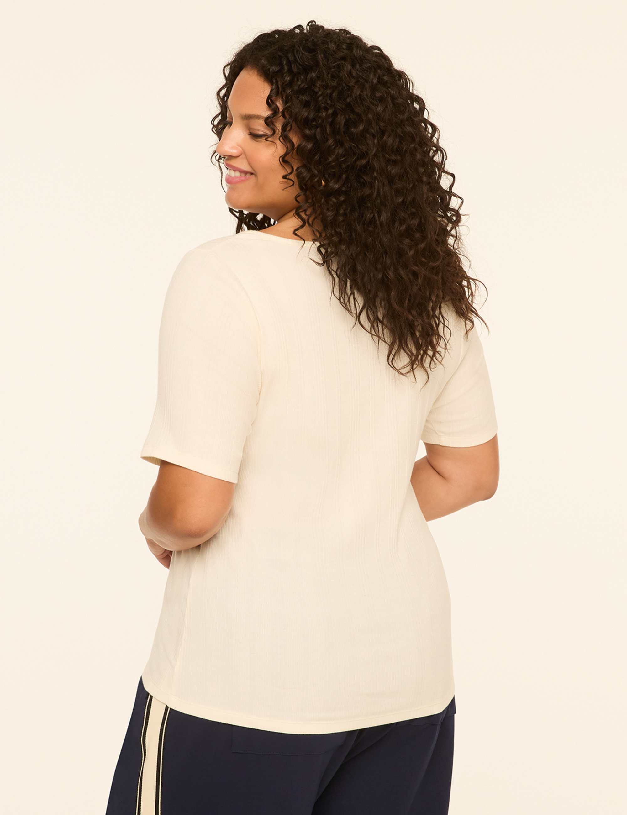 Elbow-Sleeve V-Neck Rib Top