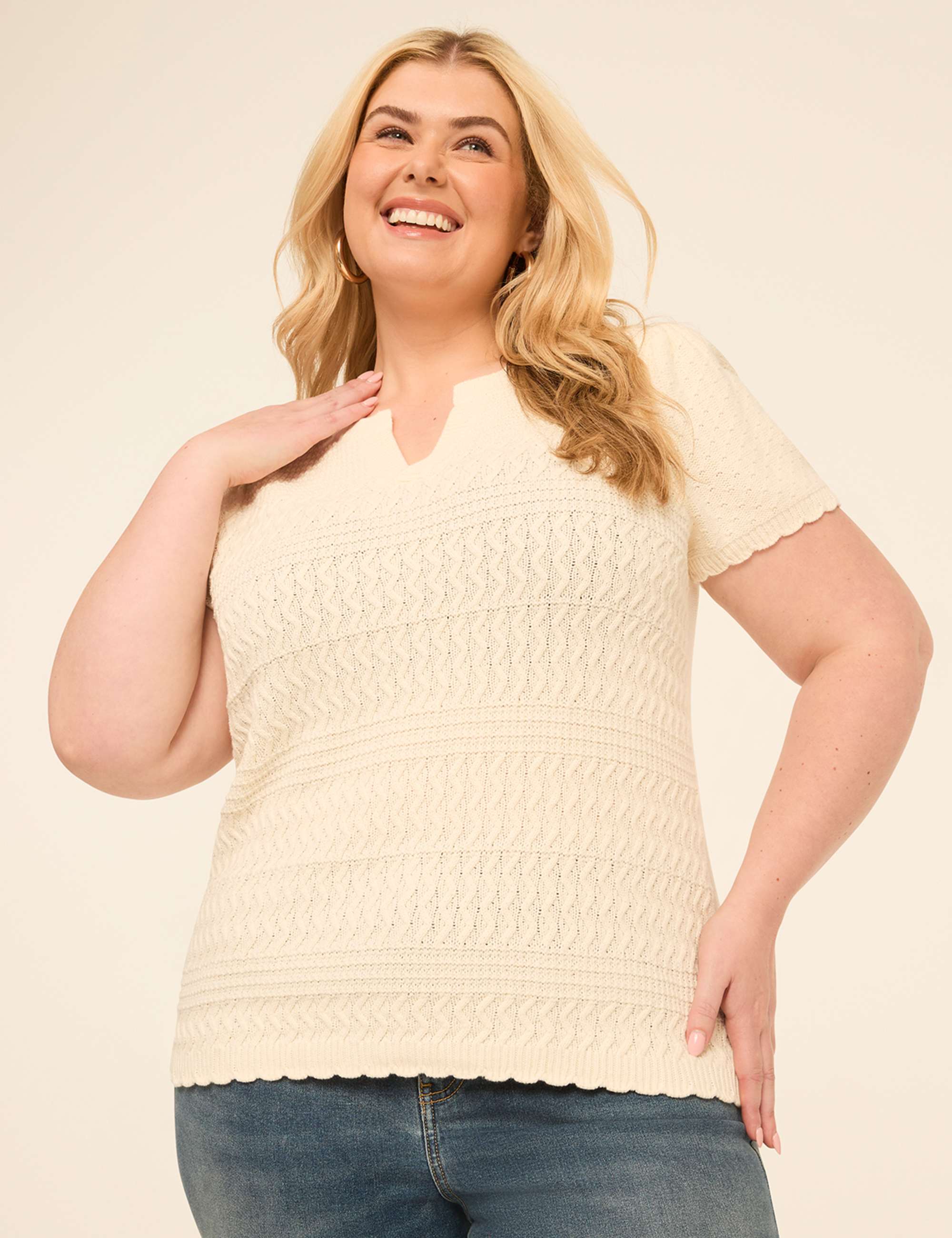 Short-Sleeve Notch-Neck Pointelle-Stitch Sweater