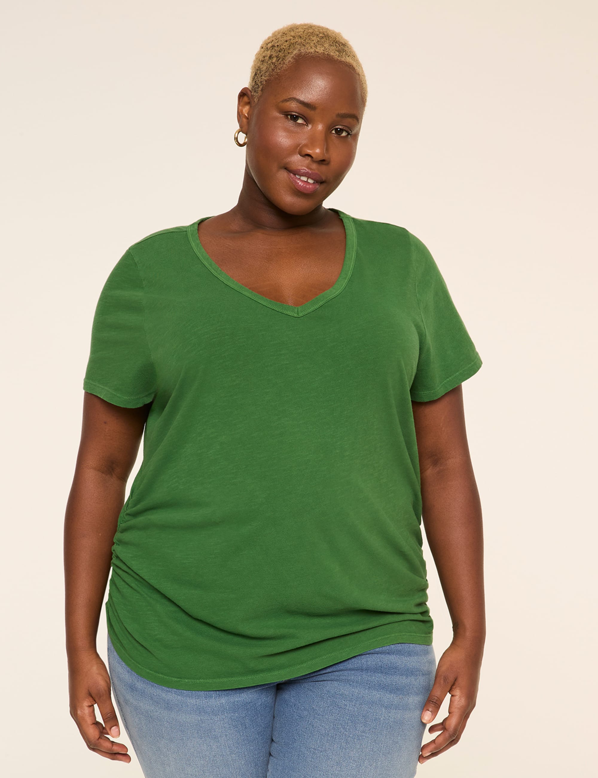 Short-Sleeve V-Neck Side-Ruched Tee