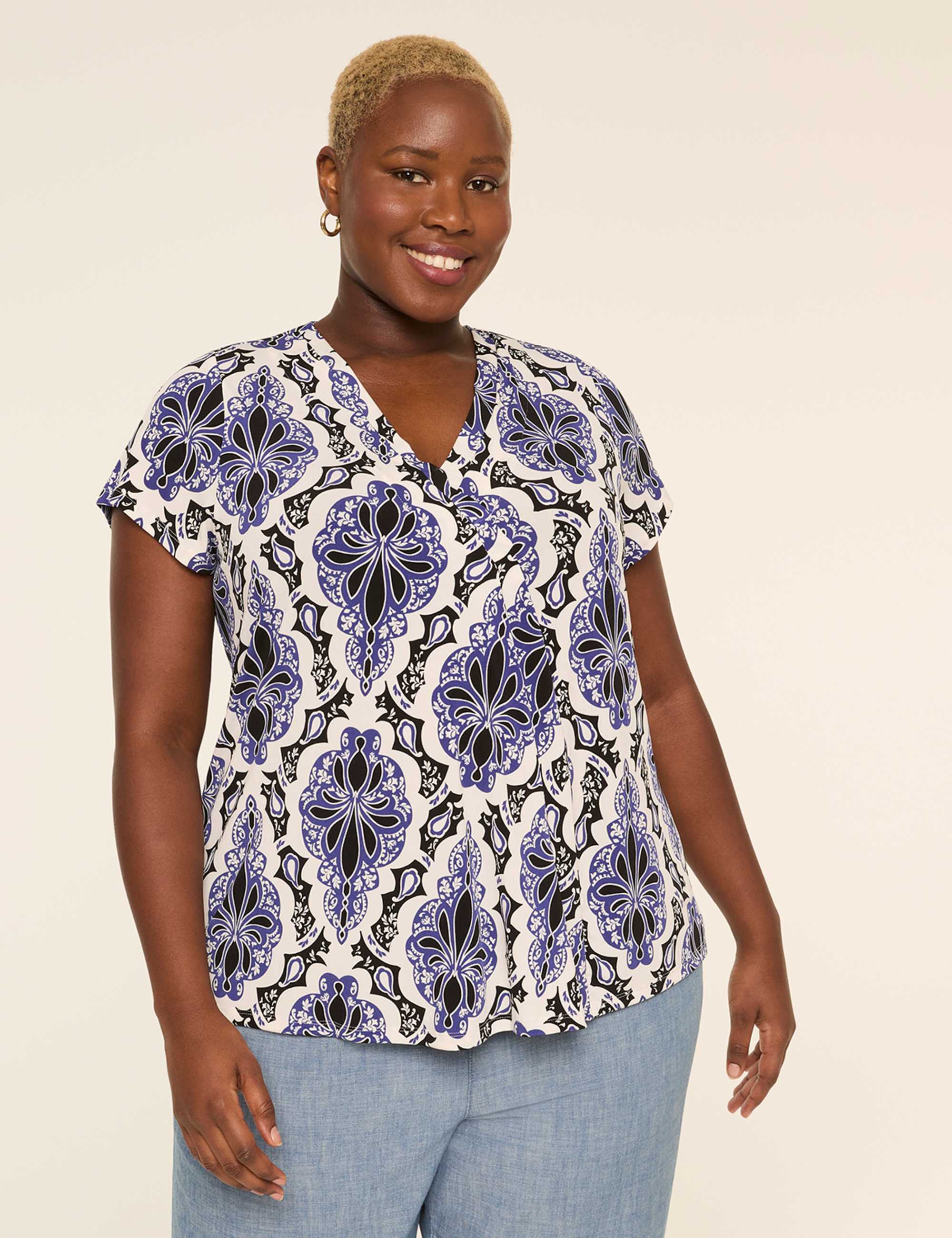 Swing Cap-Sleeve Pleat-Front Top
