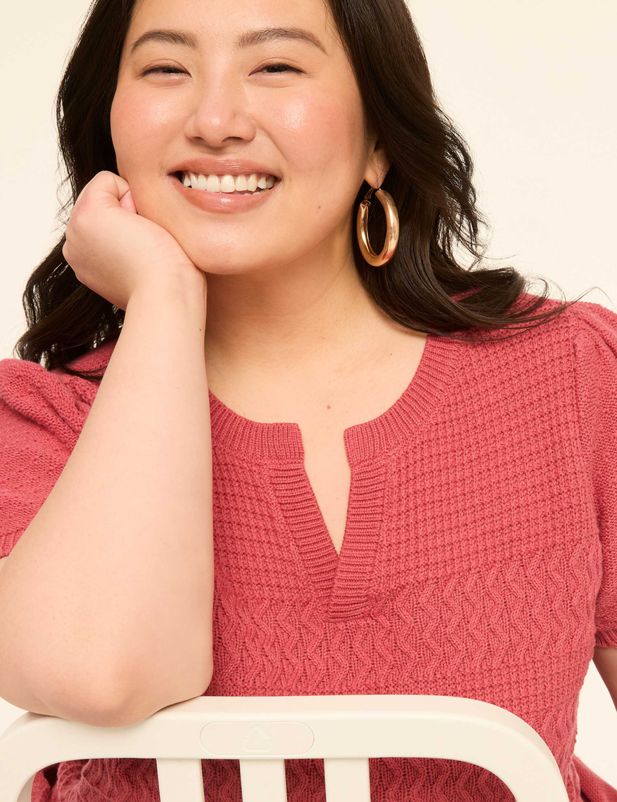 Short-Sleeve Notch-Neck Pointelle-Stitch Sweater