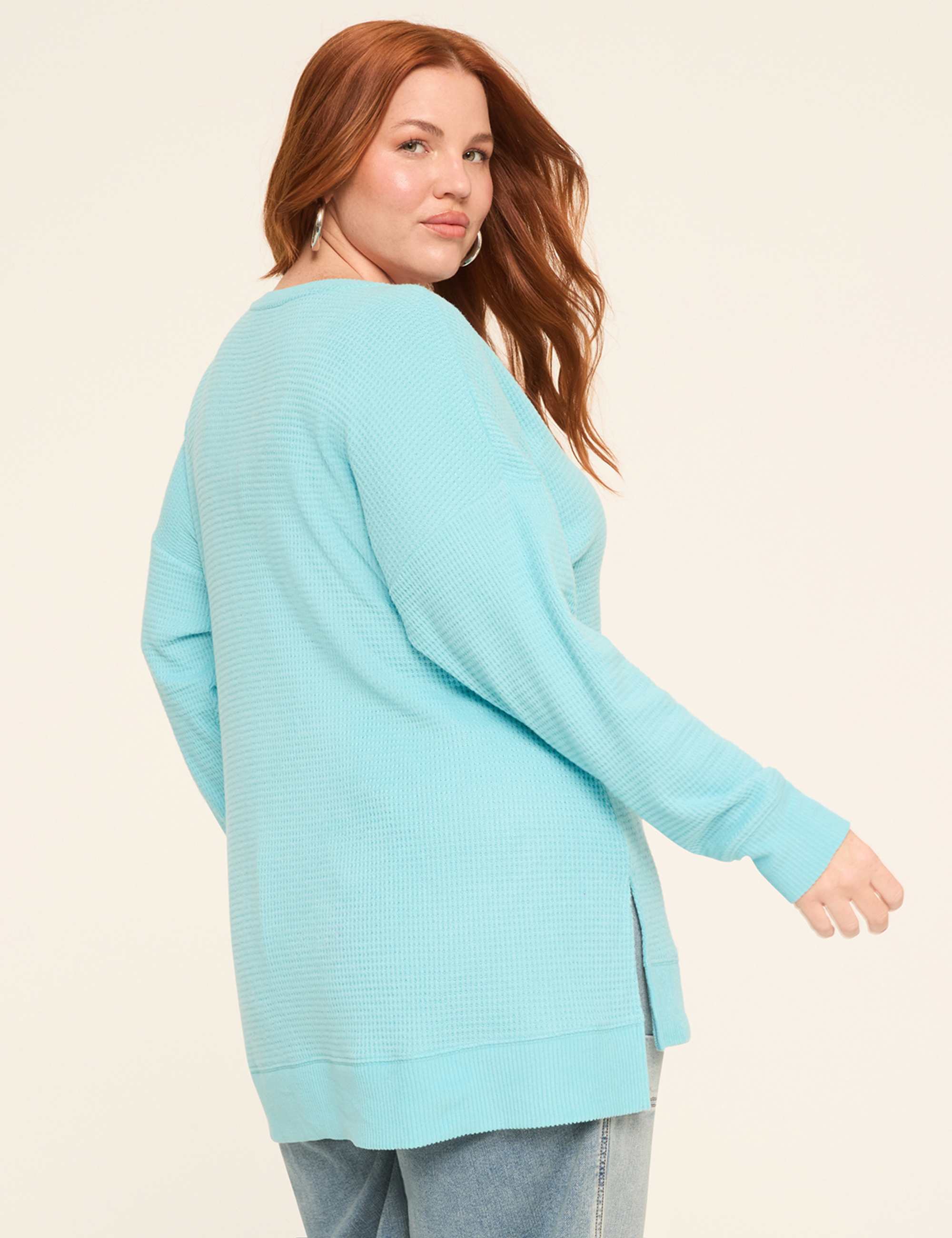 Long-Sleeve V-Neck Waffle Knit Top