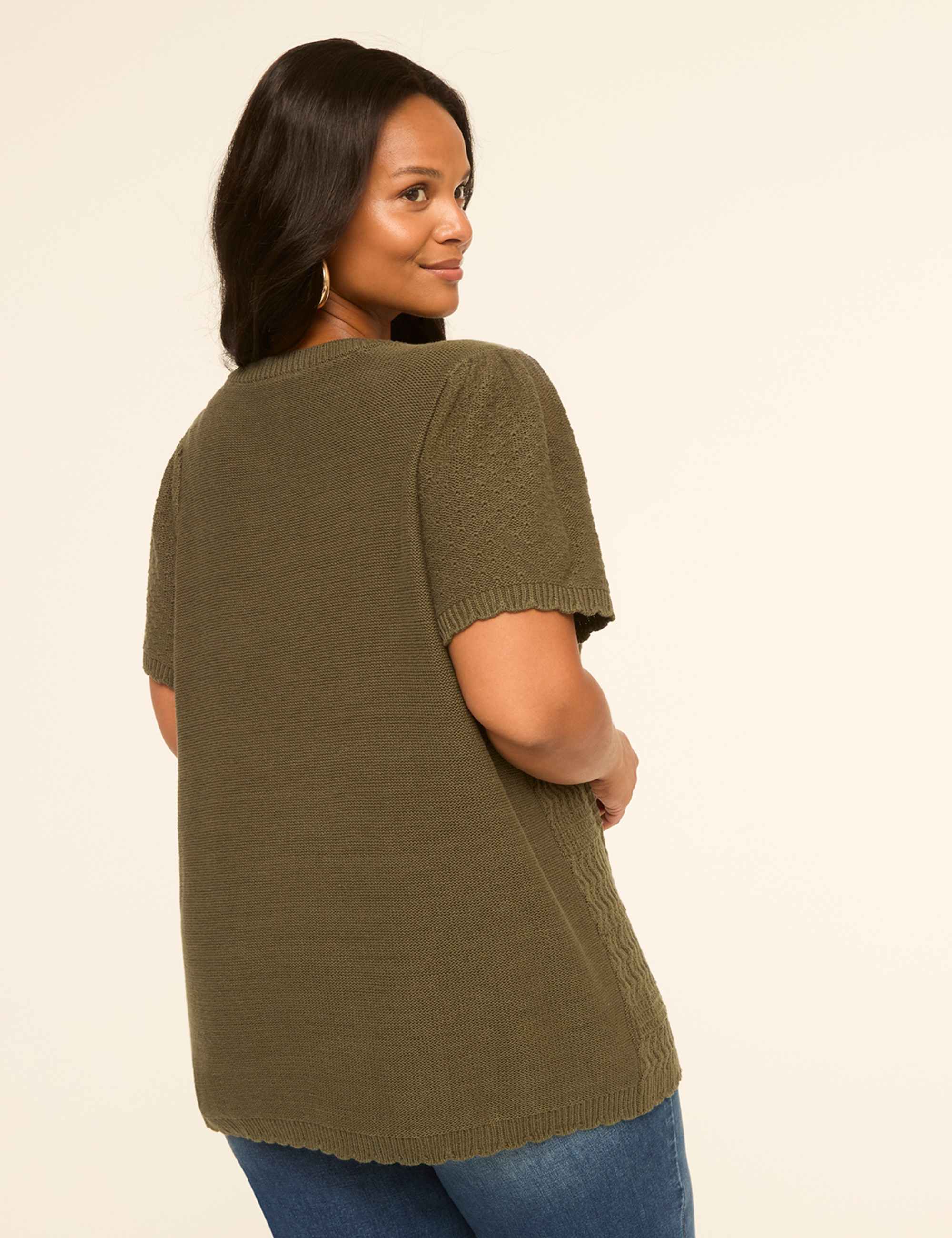Short-Sleeve Notch-Neck Pointelle-Stitch Sweater