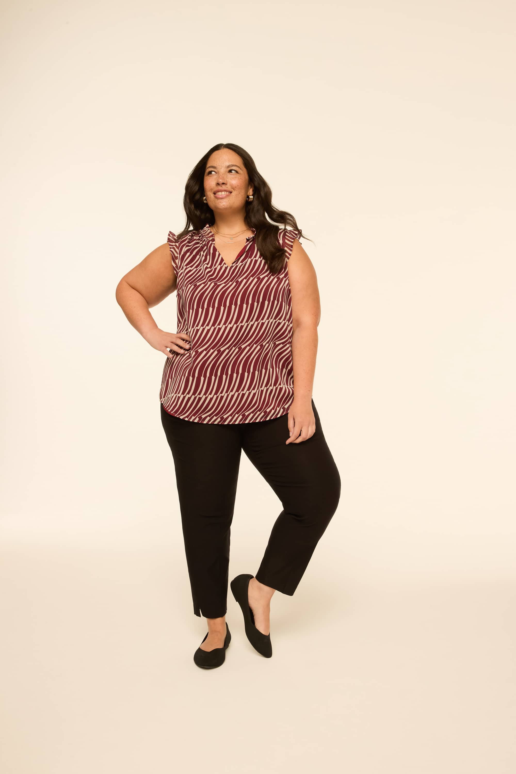 Ruffle-Sleeve Split-Neck Popover Blouse