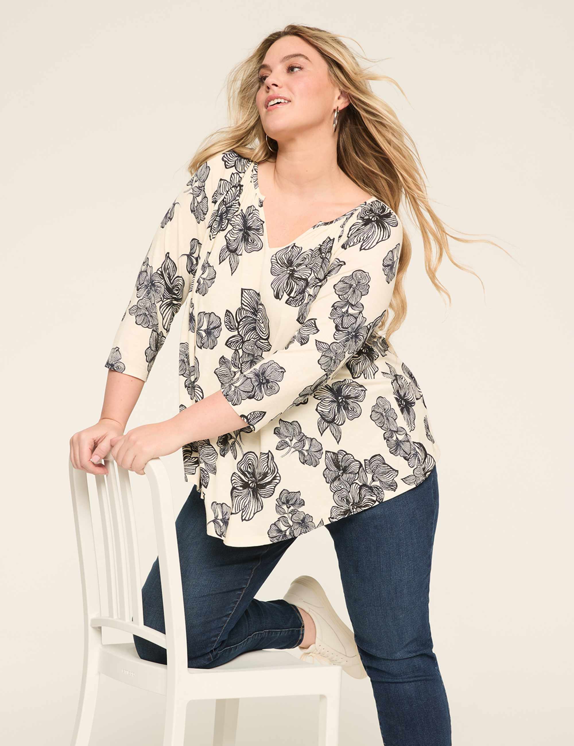 Swing 3/4-Sleeve Notch-Neck Top