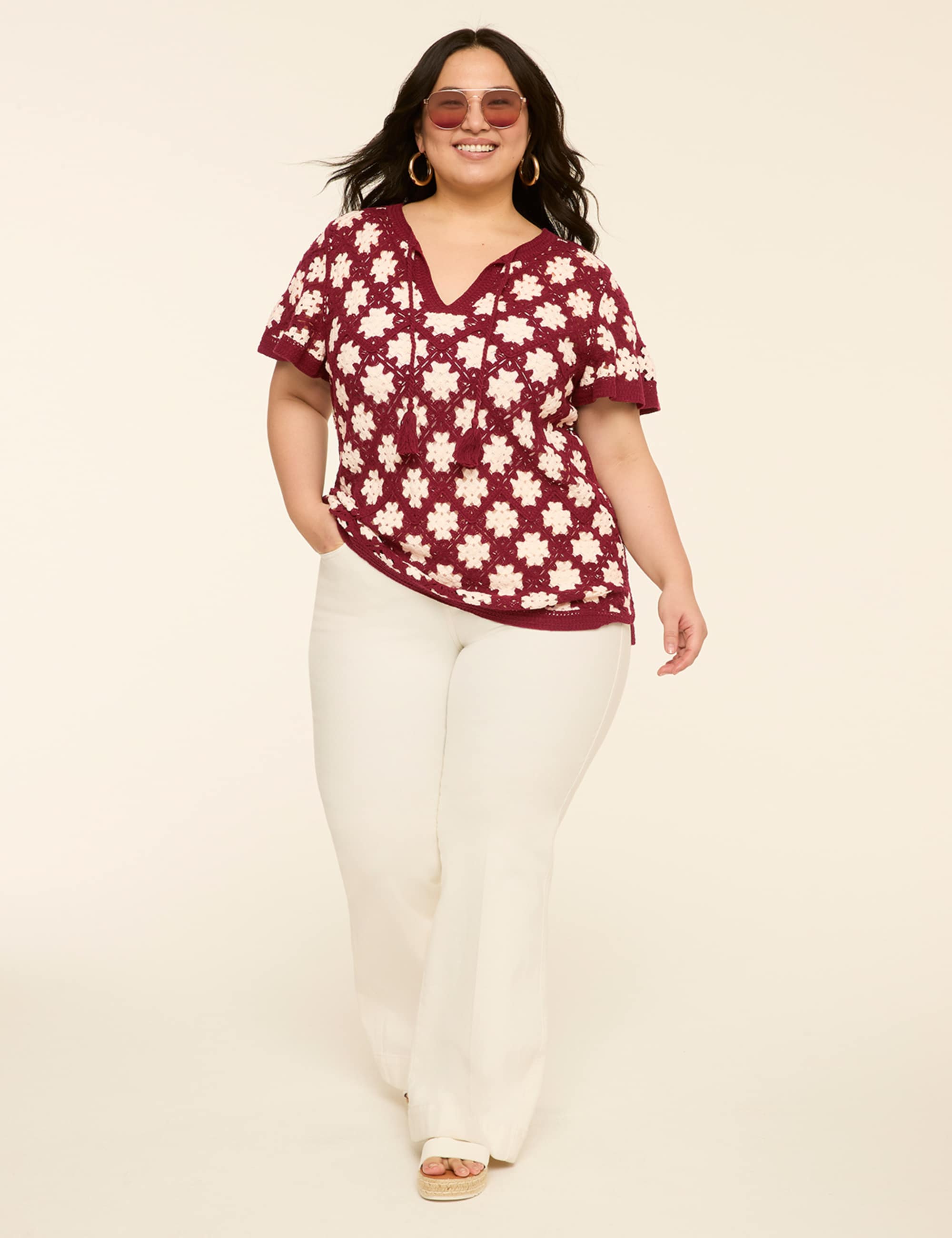 Flutter-Sleeve Crochet Sweater Top