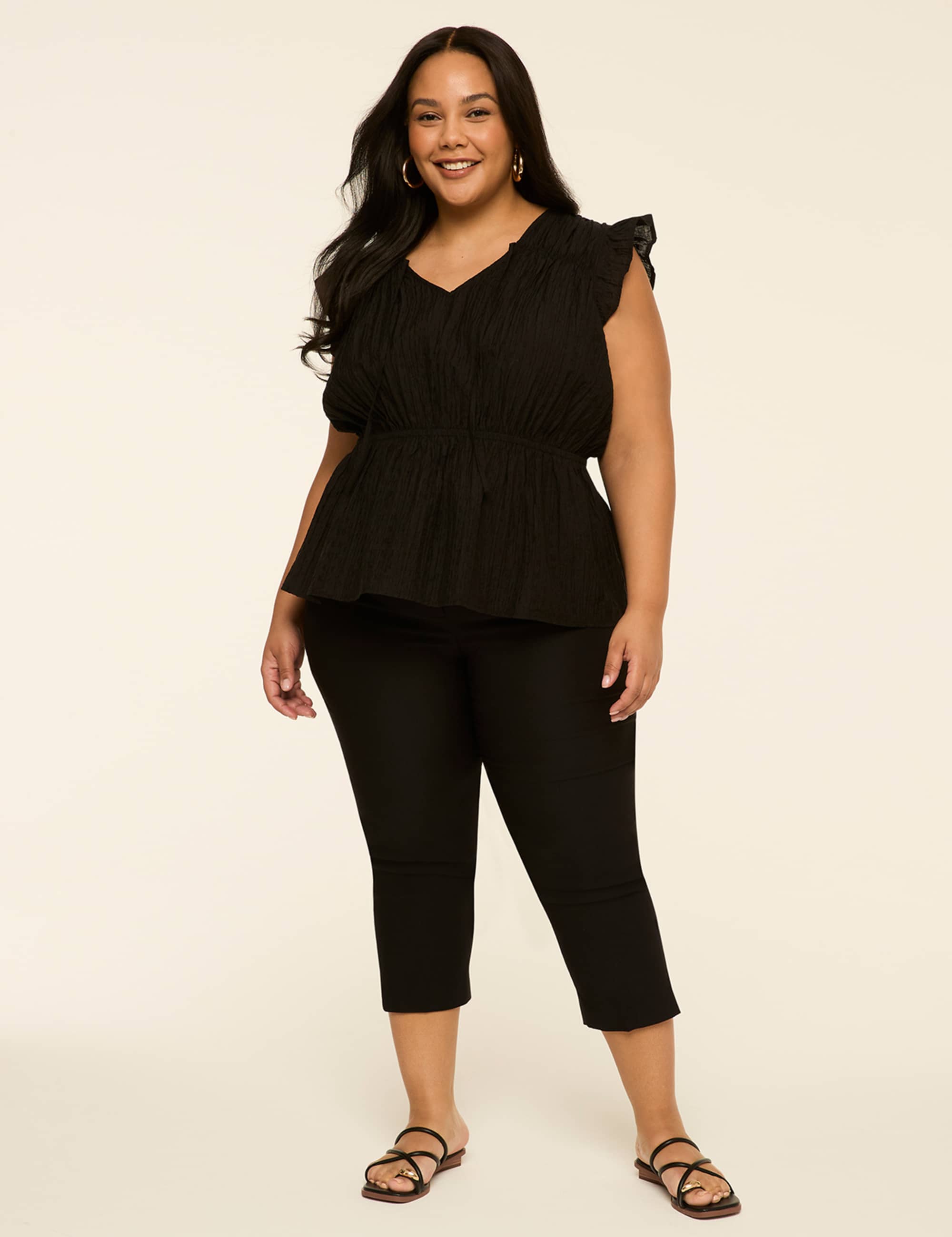 Ruffle-Sleeve Tie-Neck Peplum Top