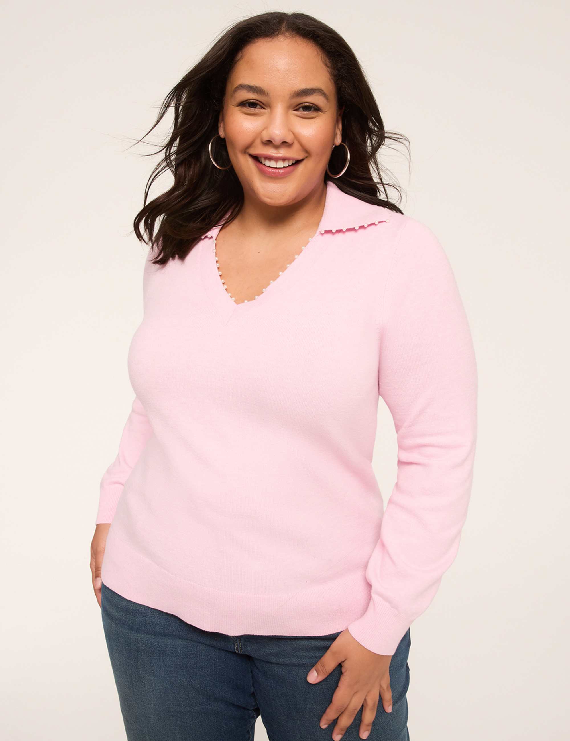Pearlized V-Neck Collar Sweater