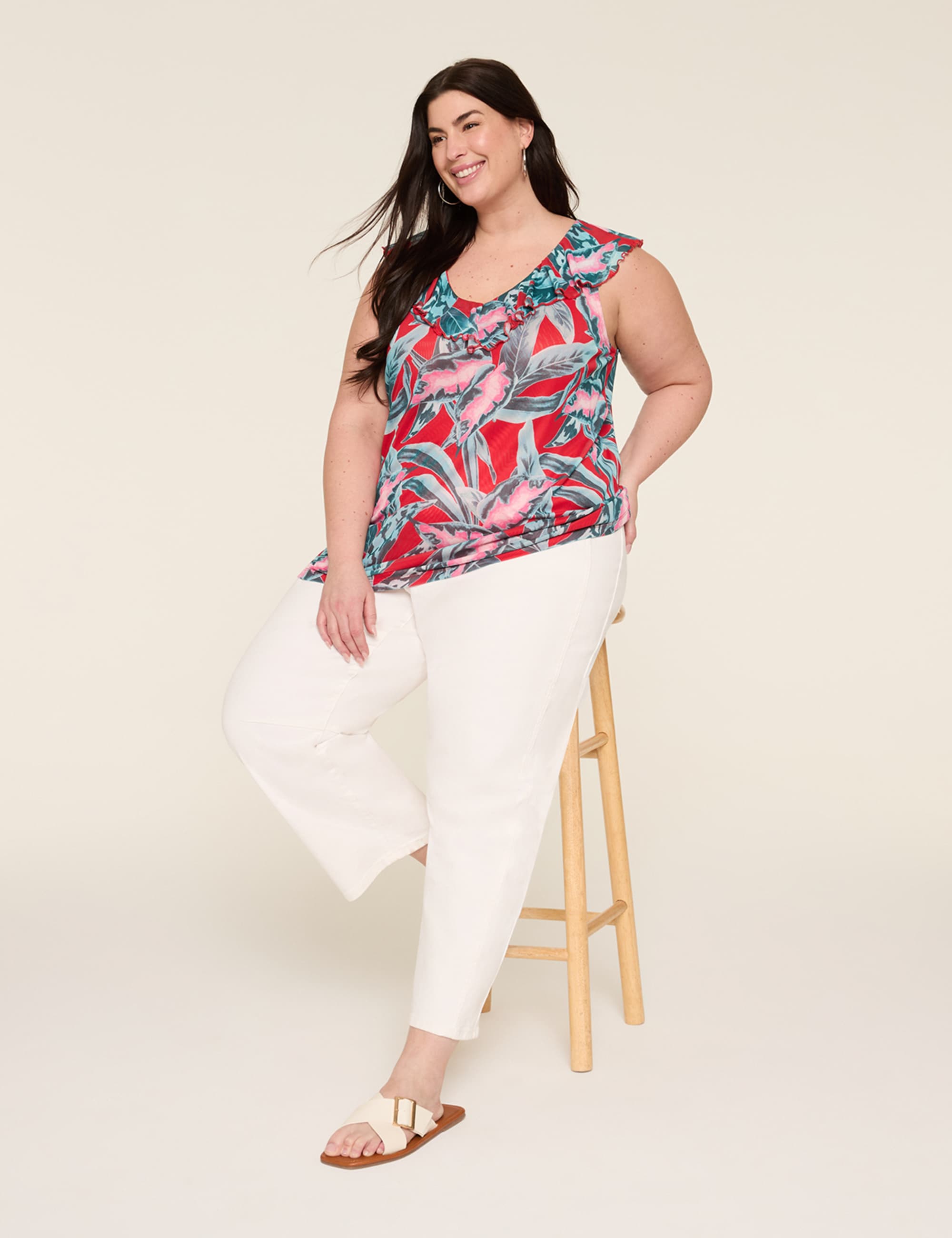 Sleeveless Ruffle V-Neck Mesh Top