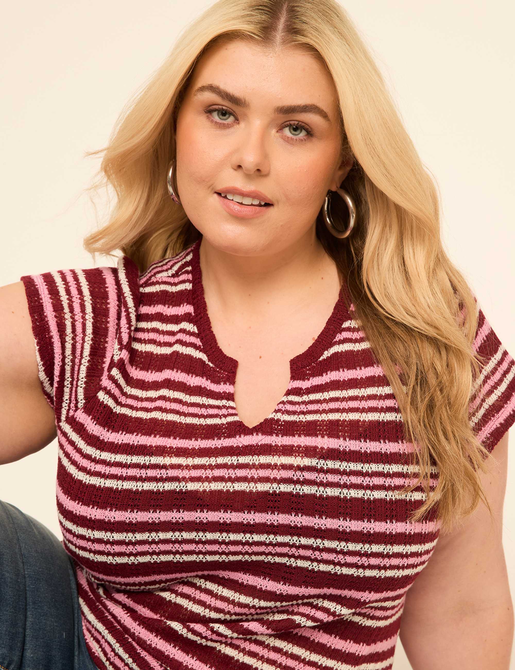Notch-Neck Textured Open-Stitch Top