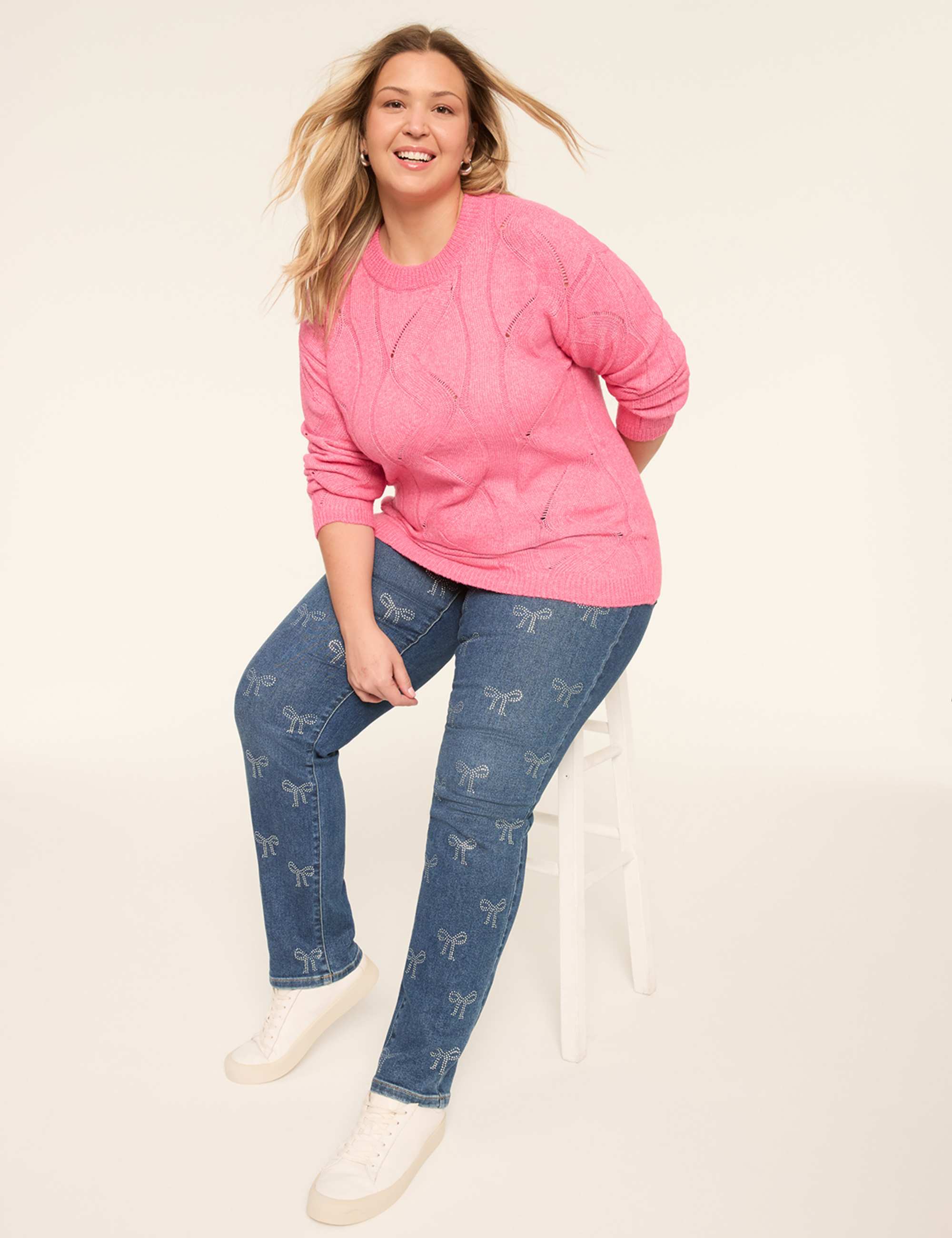 Relaxed Pointelle-Stitch Pullover Sweater
