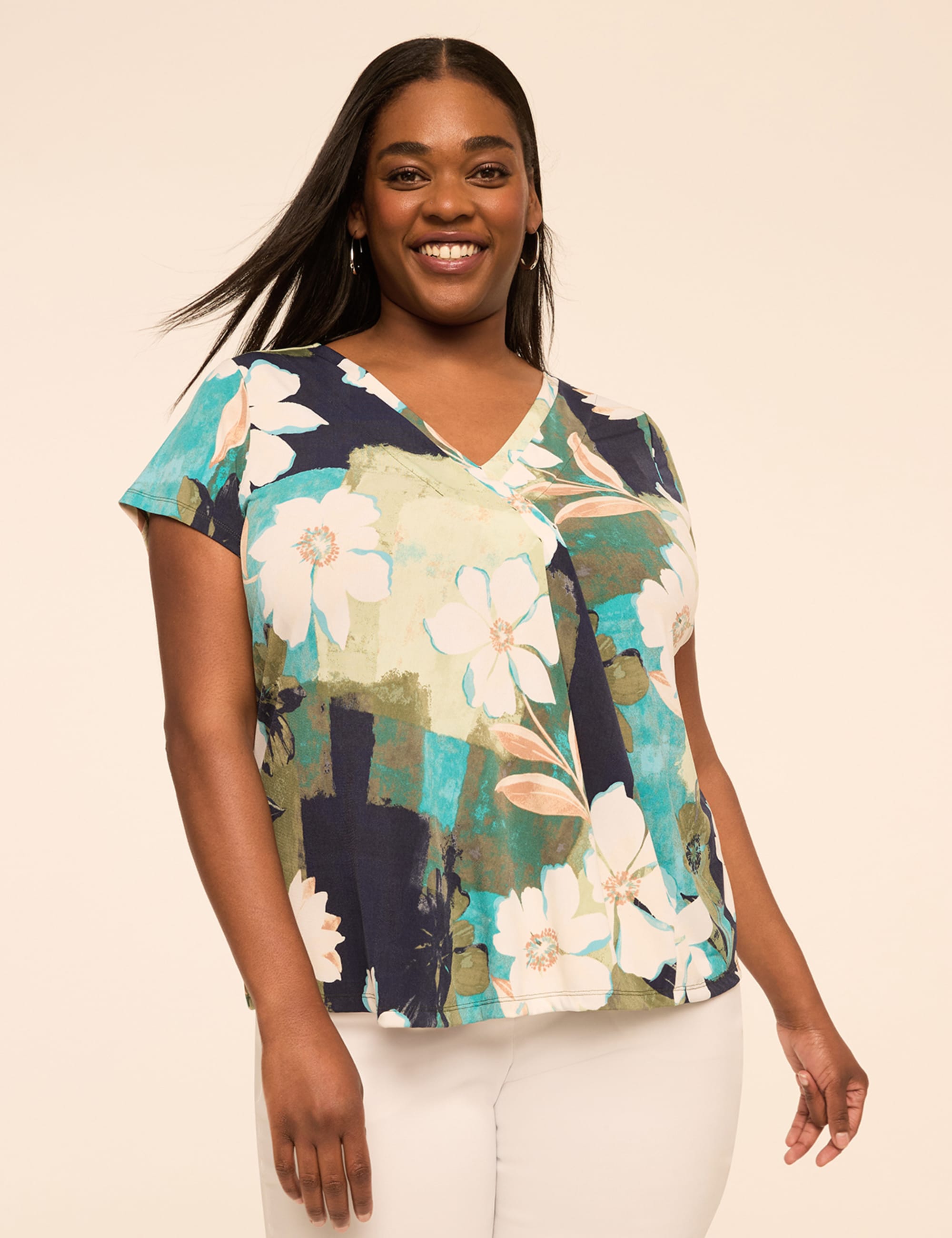Swing Cap-Sleeve Pleat-Front Top