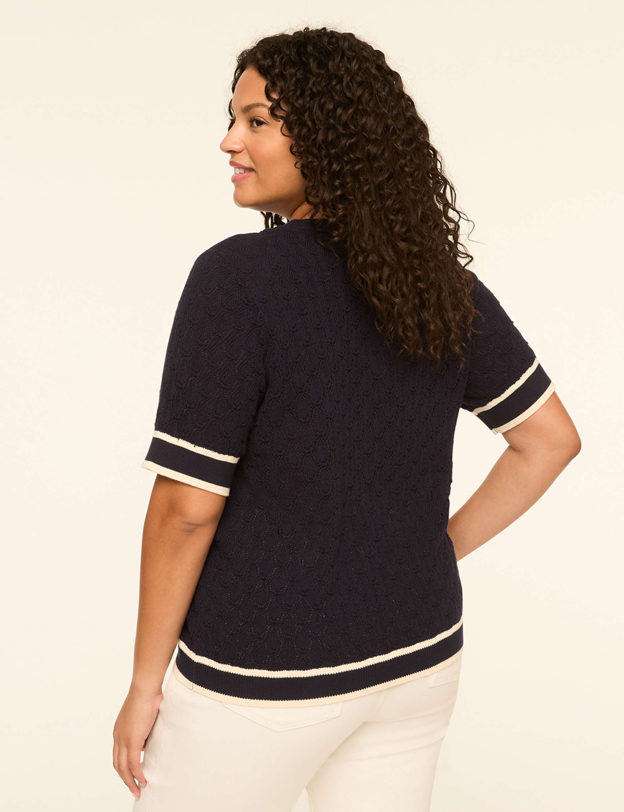 Short-Sleeve Pointelle-Stitch Sweater